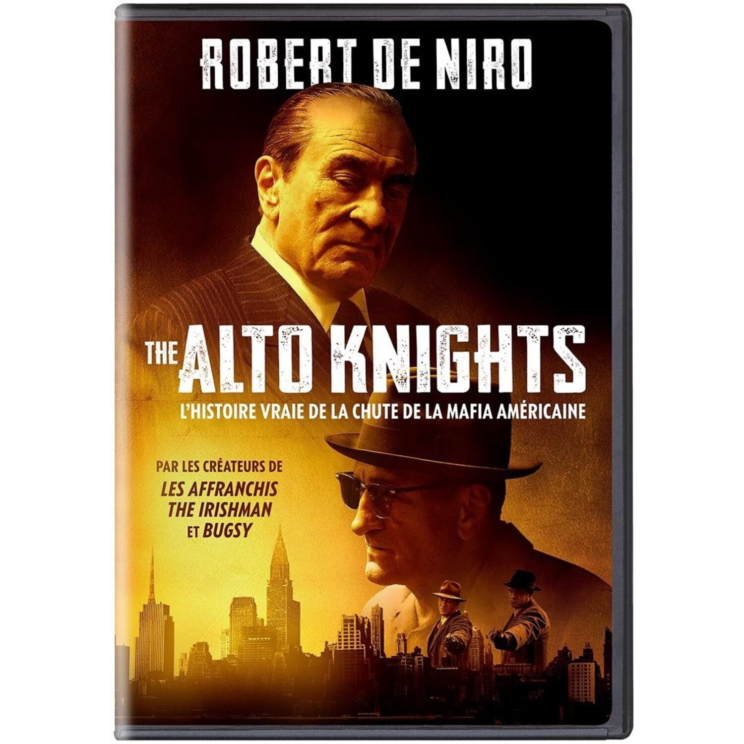 DVD-hoes voor "The Alto Knights" met Robert De Niro. De afbeelding toont De Niro's gezicht, een skyline en tekst over de film.