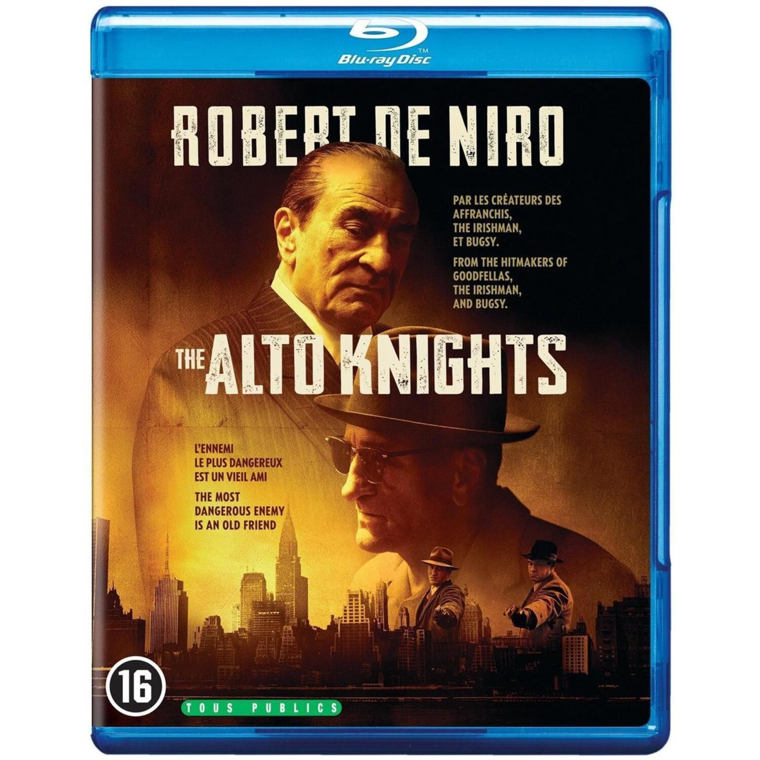 Couverture Blu-ray de 'The Alto Knights' avec Robert De Niro. L'image présente De Niro et d'autres personnages, et un arrière-plan de paysage urbain.