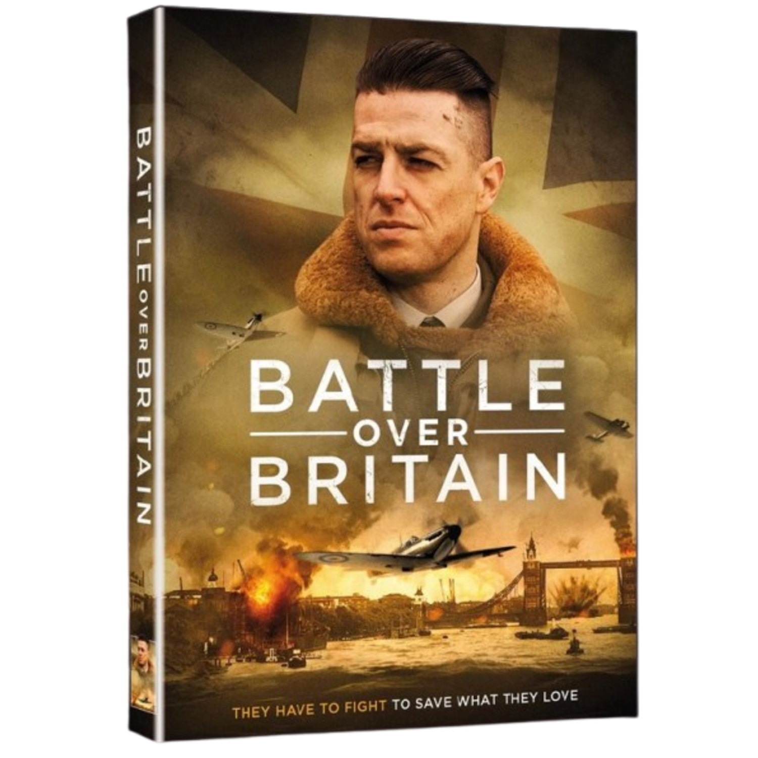 Couverture DVD : Homme en uniforme, titre 'Battle Over Britain', avions, flammes, Tower Bridge. Slogan : Ils doivent se battre pour sauver ce qu'ils aiment.