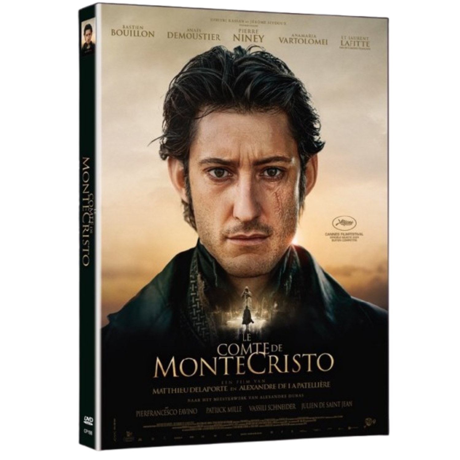 Couverture DVD de 'Le Comte de Monte-Cristo'. Présente un visage d'homme avec une cicatrice, le titre et les noms d'acteurs. Fond beige.