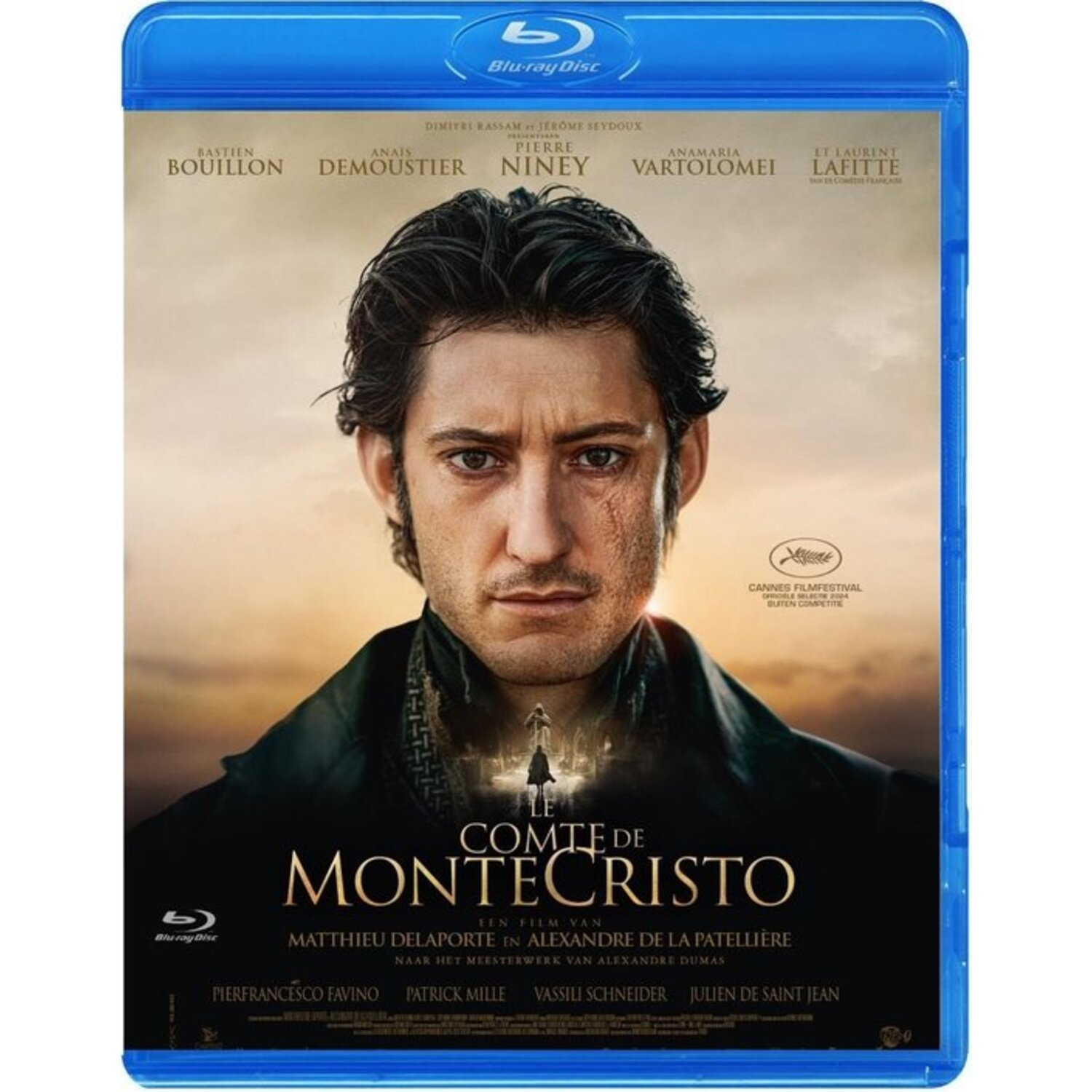 Movie cover of 'Le Comte de Monte-Cristo'. A man's face is centered, title below, Blu-ray disc logo at corners.