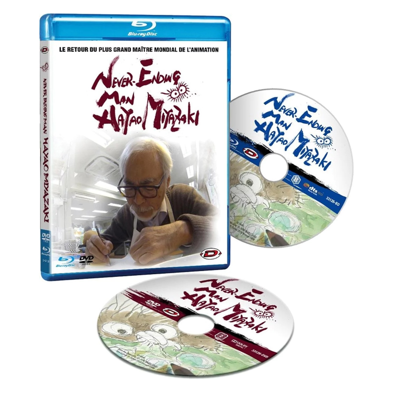 Blu-ray en dvd's met de titel "Never Ending Man Hayao Miyazaki", met de regisseur die tekent.