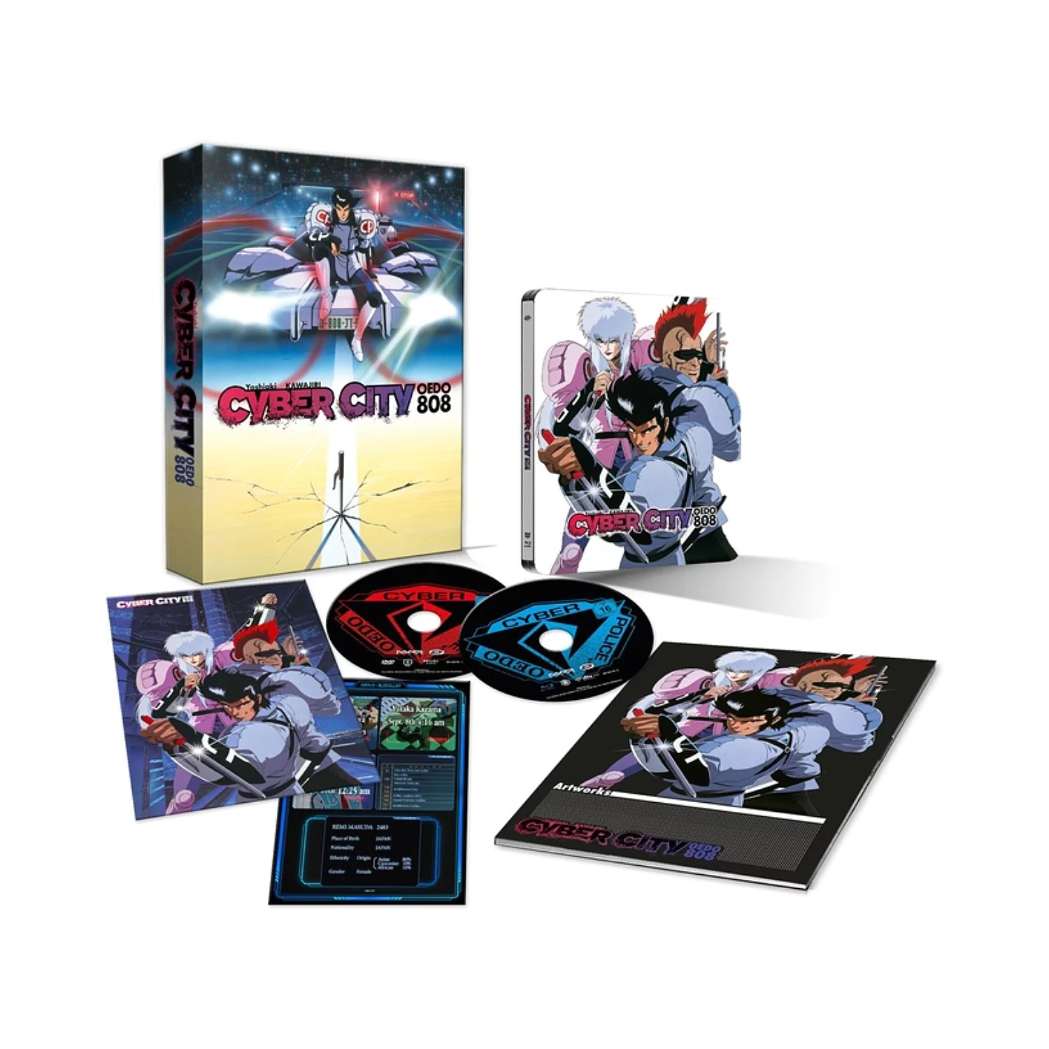 Coffret de l'anime Cyber City 808. Comprend coffret, steelbook, disques, illustrations et encart. Avec personnages et logo.