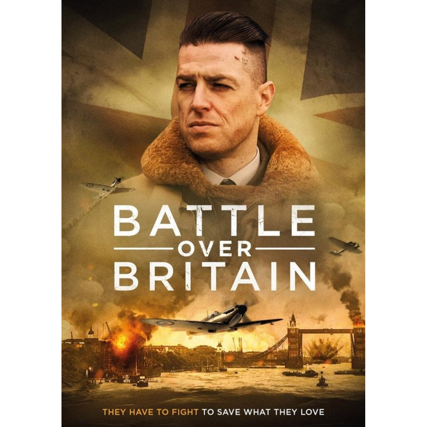 Affiche du film 'Battle Over Britain'. Un homme en blouson d'aviateur est au premier plan. Des avions survolent Londres en feu.