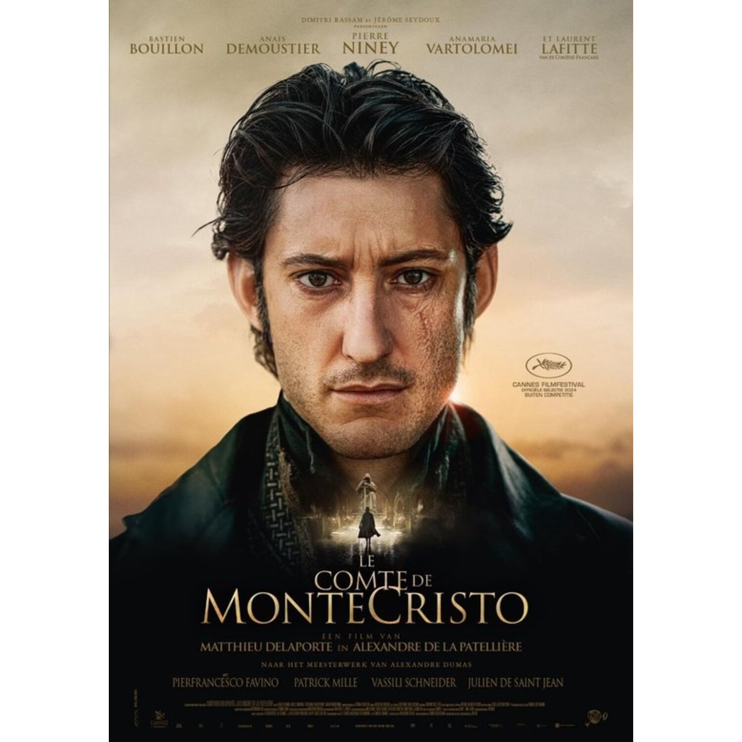 Affiche du film 'Le Comte de Monte Cristo'. Le visage d'un homme est centré avec le titre en dessous. Noms d'acteurs et logo du festival sont visibles.