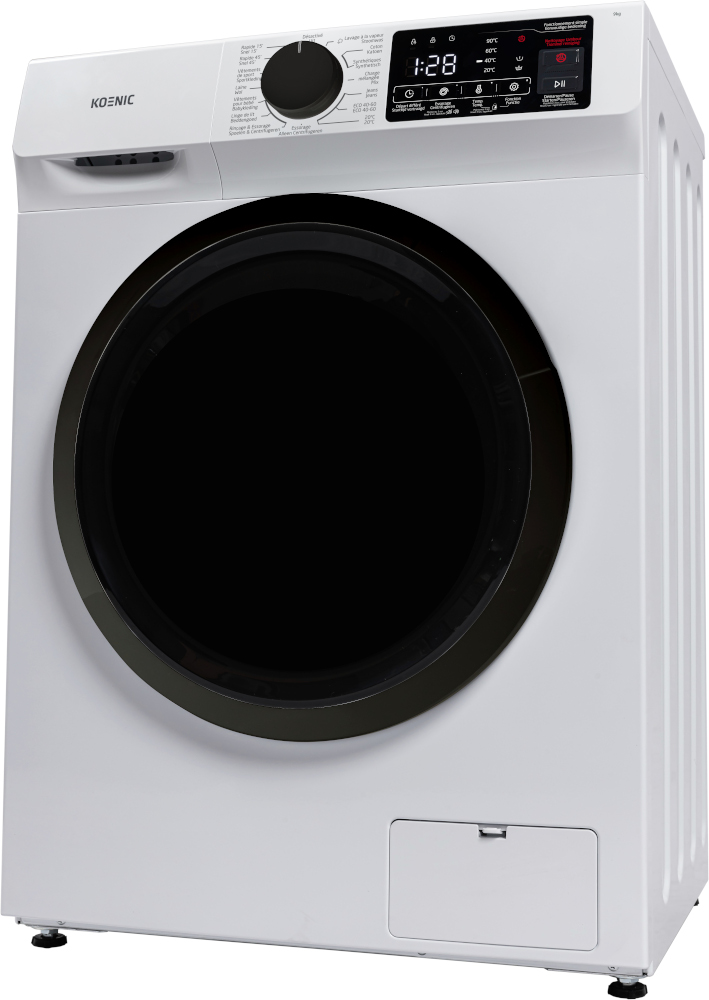 Witte Koenic wasmachine. Voorzien van zwarte deur, bedieningspaneel, digitaal display en draaiknop voor programma's.