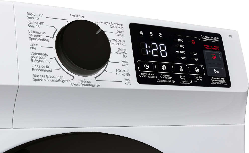 Wasmachine bedieningspaneel met draaiknop, digitaal display en knoppen. Toont wasprogramma's, temperatuur en tijd.