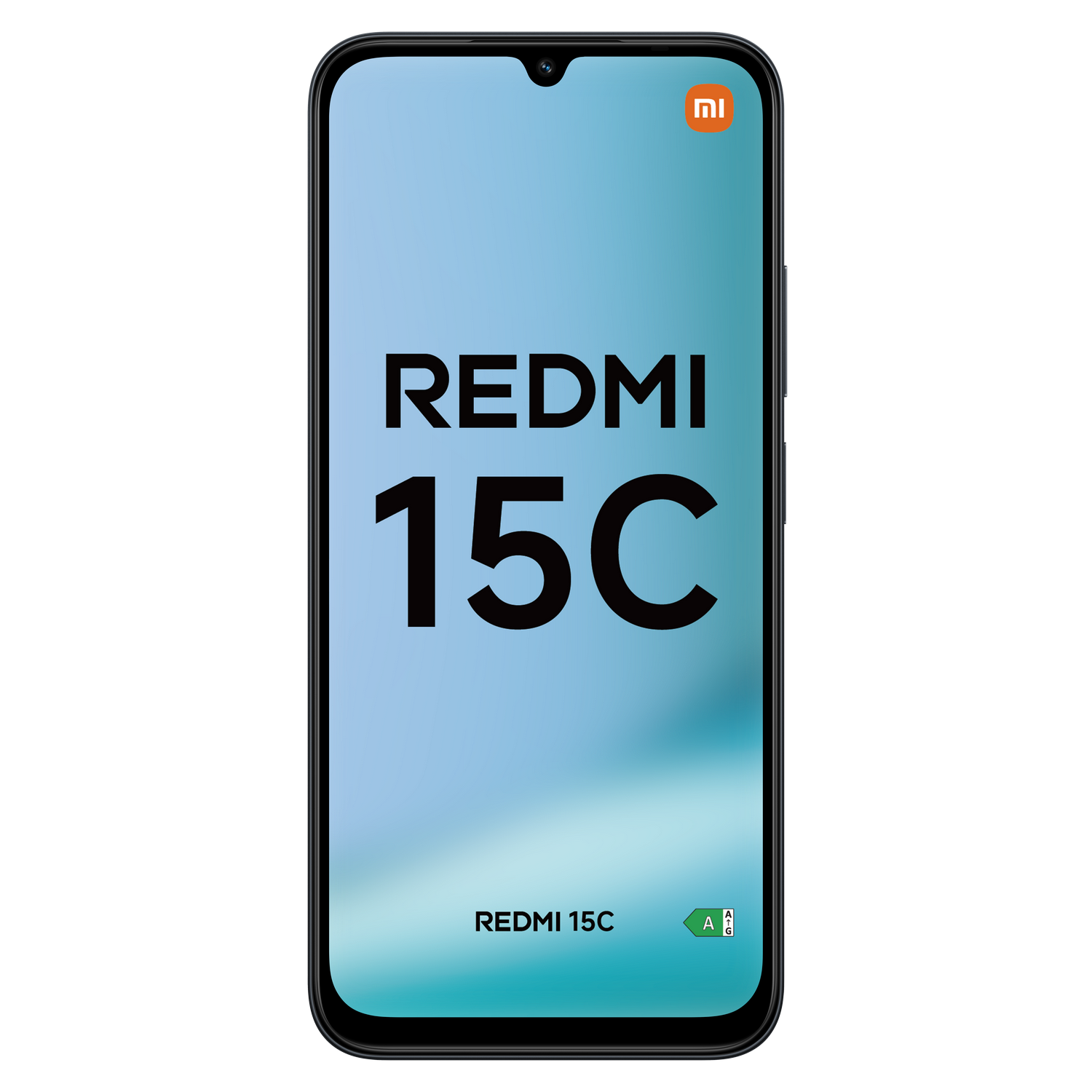 Un smartphone con marco negro, que muestra 'REDMI 15C' en su pantalla. El logotipo de Xiaomi está en la esquina superior derecha.