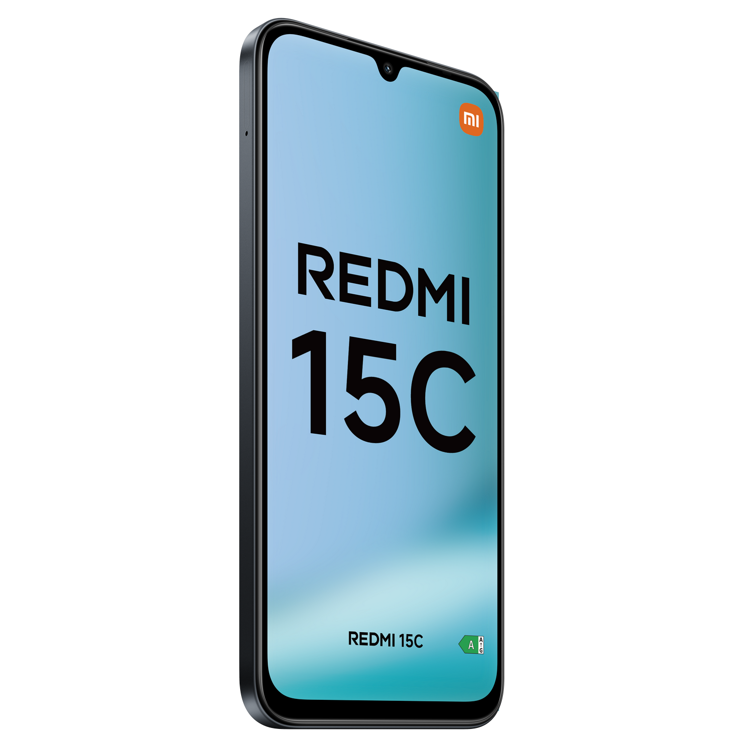 Se muestra un teléfono inteligente Redmi 15C. La pantalla muestra el nombre del modelo en texto negro grande. El teléfono tiene un borde negro y un logotipo naranja.