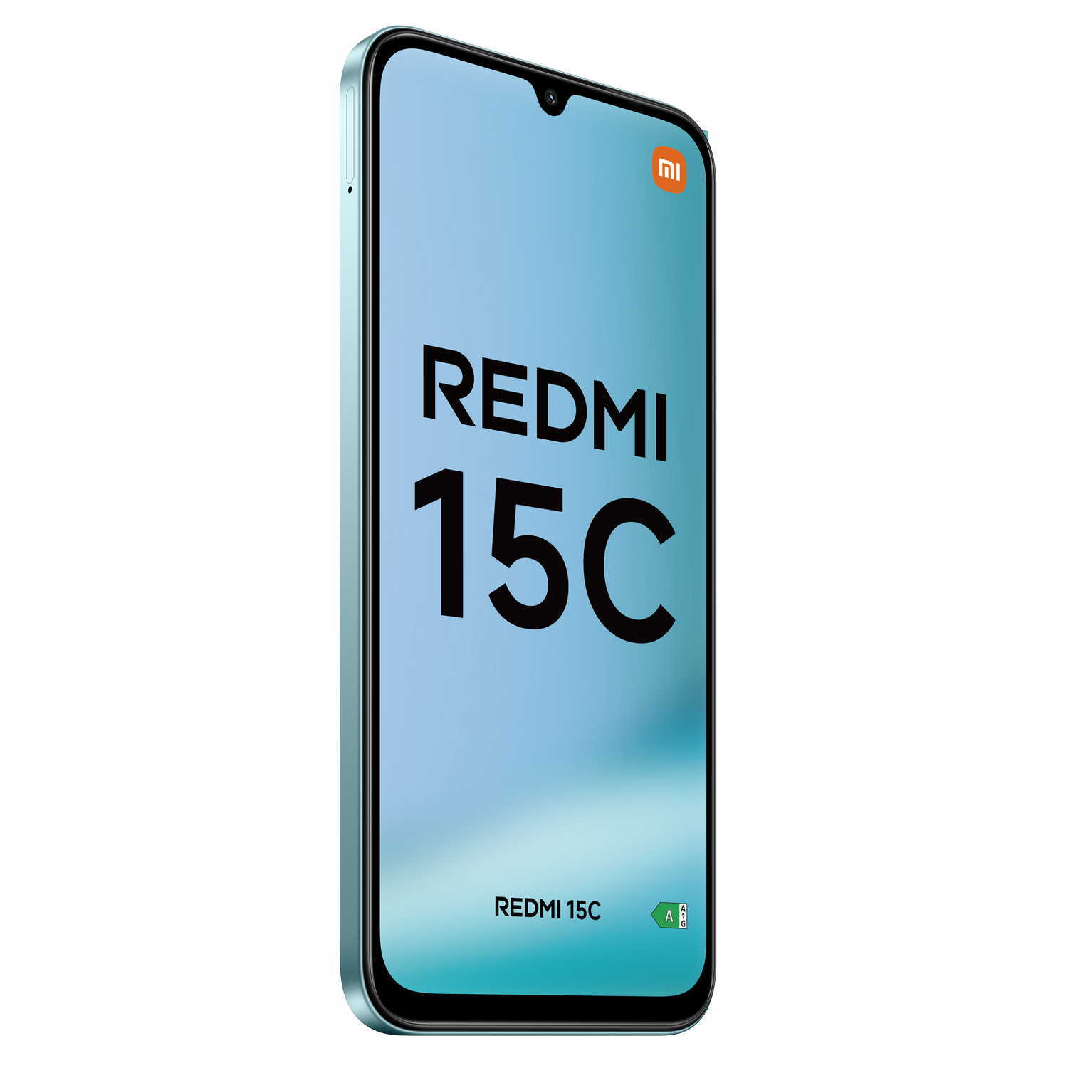 Un smartphone con el texto Redmi 15C en la pantalla. El teléfono es verde azulado con fondo gris. El logotipo de Xiaomi está presente.