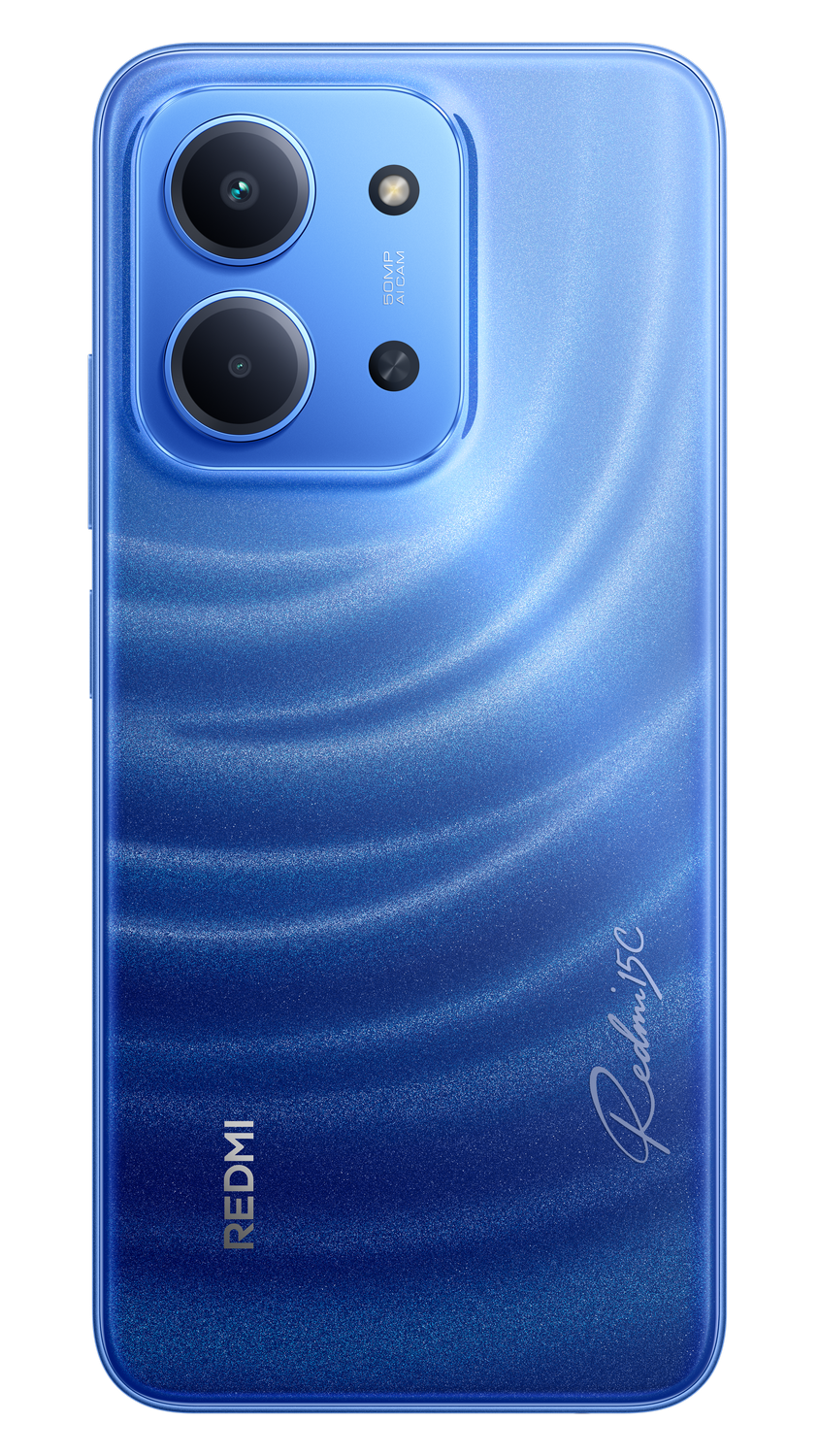 Parte trasera azul de teléfono Redmi 5C. Arreglo de cámara doble arriba. Logo y nombre Redmi visibles. Patrón brillante.