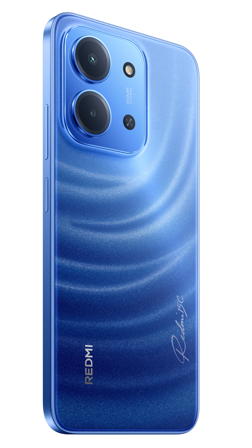 Smartphone azul Redmi 5C. Configuración de cámara dual, logo Redmi y firma en la parte trasera. Superficie reflectante, bordes redondeados.