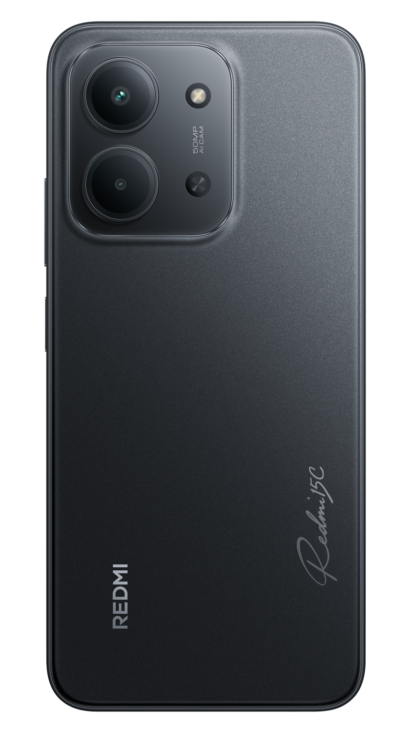 Parte trasera de smartphone negra. Cuenta con una configuración de cámara dual, texto Redmi y AI CAM. El logotipo Redmi 15C es visible.