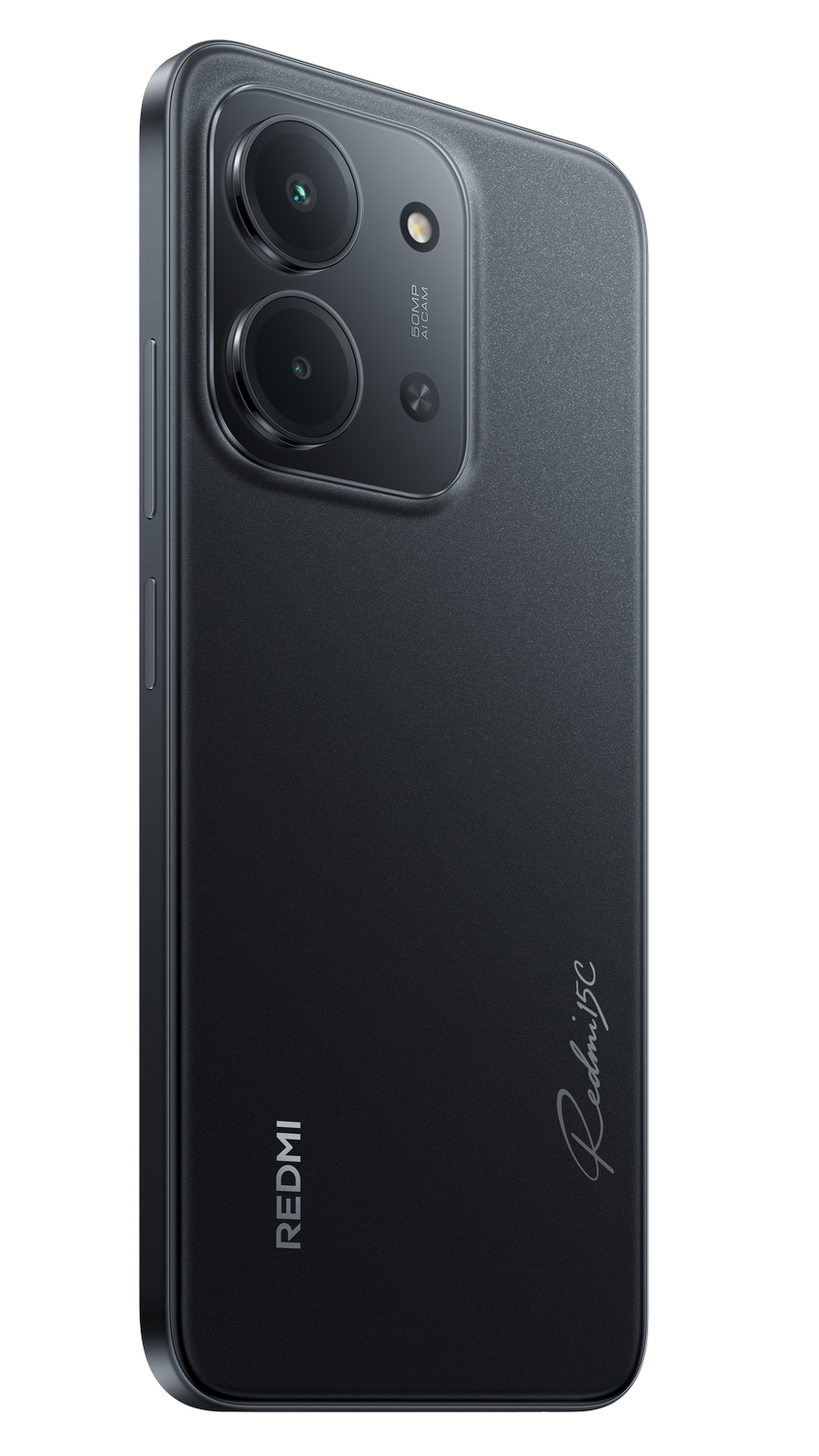 Parte trasera negra de smartphone Redmi 5C. Características: cámara dual, 50MP AI CAM y firma Redmi 5C. Logotipo REDMI visible.