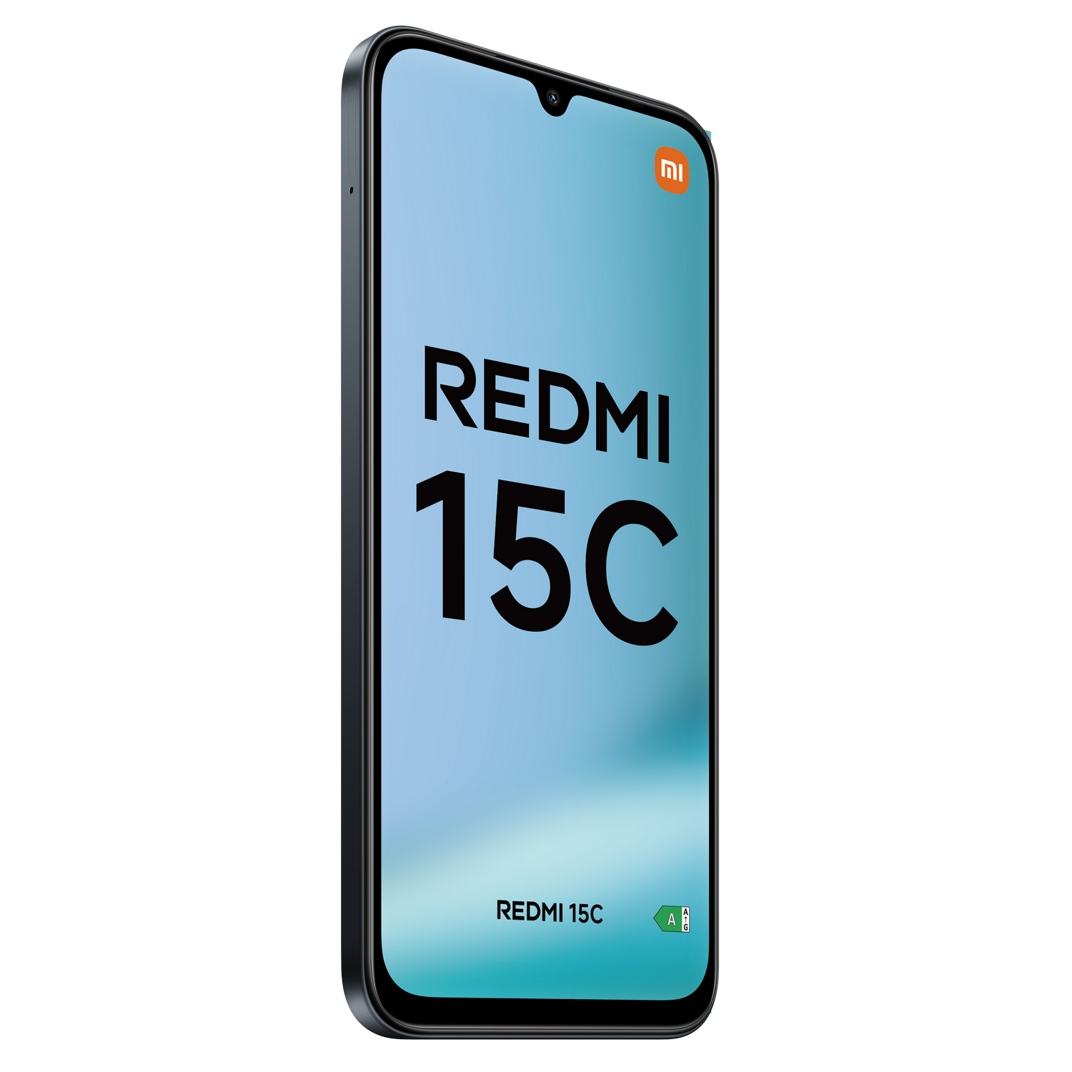 Un smartphone con una pantalla que muestra "REDMI 15C". El teléfono es negro con pantalla azul claro y logo naranja en la esquina superior.