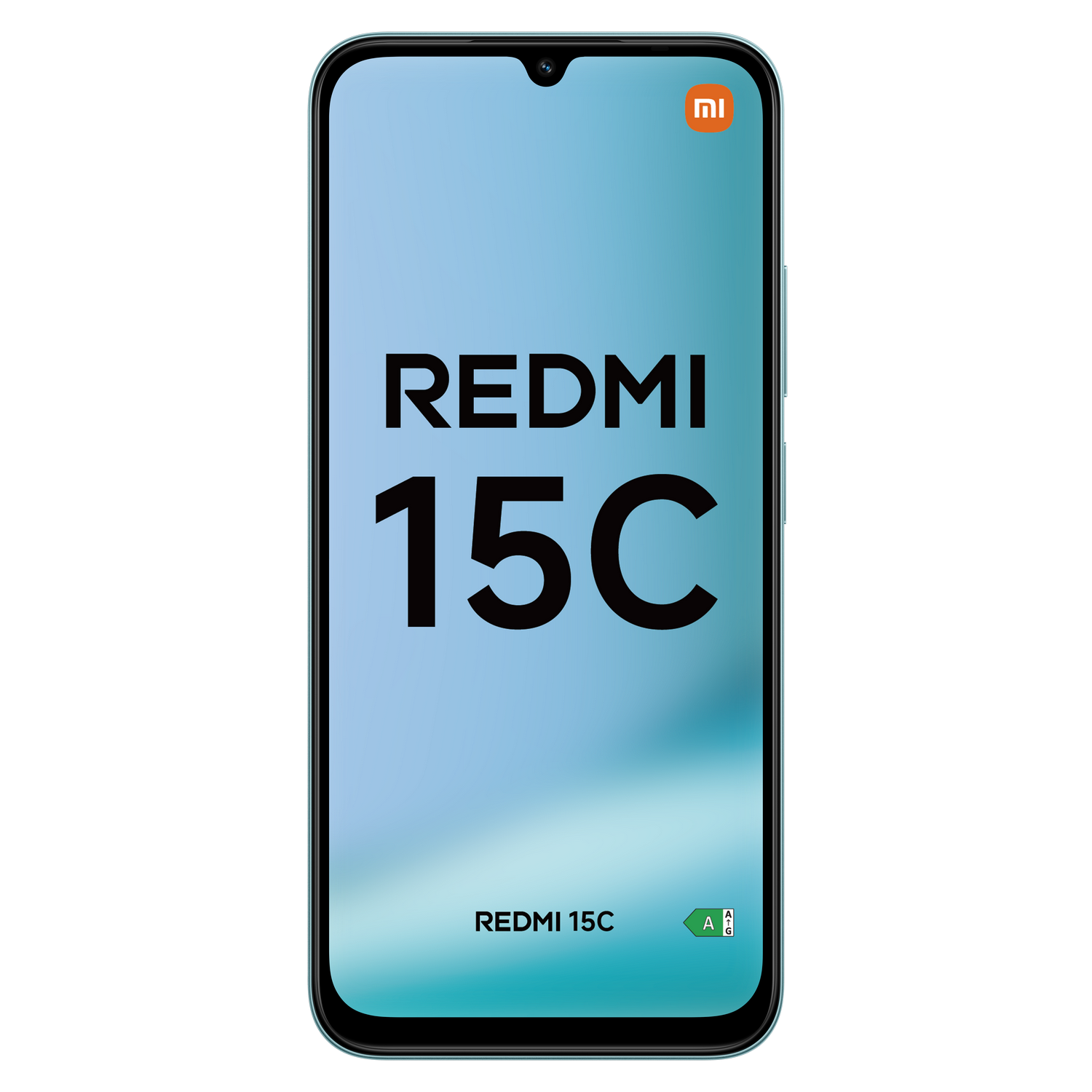 Un smartphone Redmi 15C con pantalla azul claro. El teléfono tiene el logotipo de Redmi y está sobre un fondo gris.