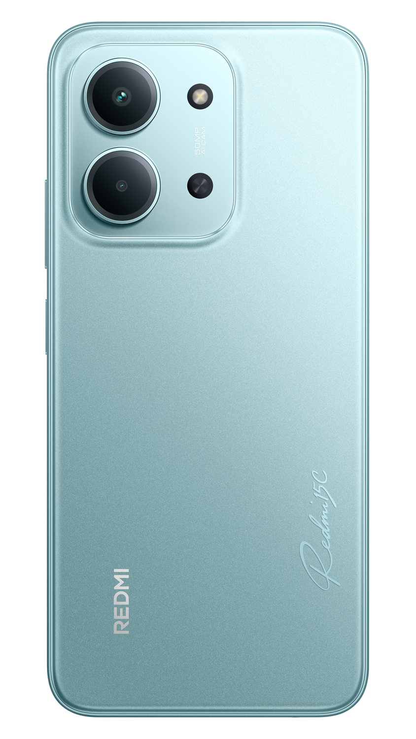 Parte trasera de un teléfono Redmi 5C color teal. Dos lentes de cámara y un flash en la parte superior. Inscripciones Redmi y 5C. El fondo es gris.
