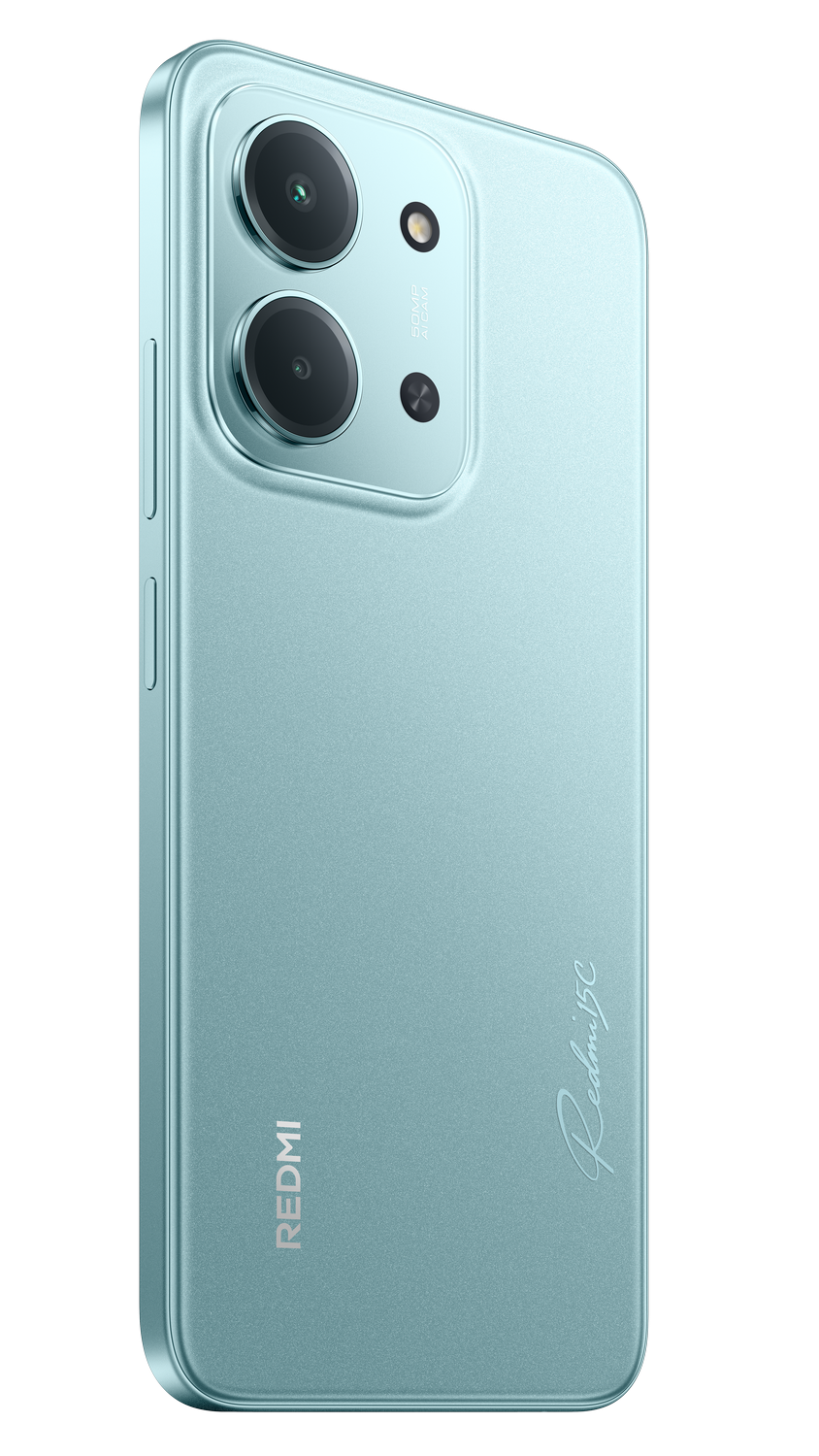 Se muestra un smartphone turquesa desde atrás, con una configuración de cámara dual y el logotipo Redmi 13C, sobre un fondo gris.