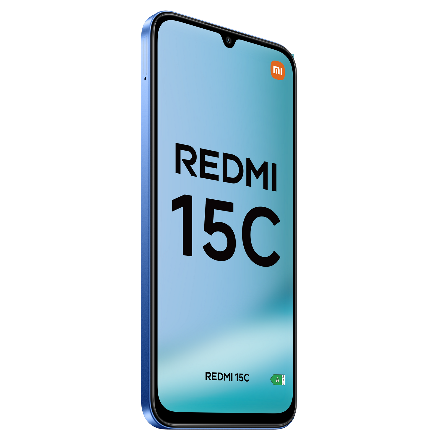 Un smartphone Redmi 15C azul sobre un fondo gris. La pantalla muestra el nombre del teléfono en negro, con el logotipo de Xiaomi arriba a la derecha.