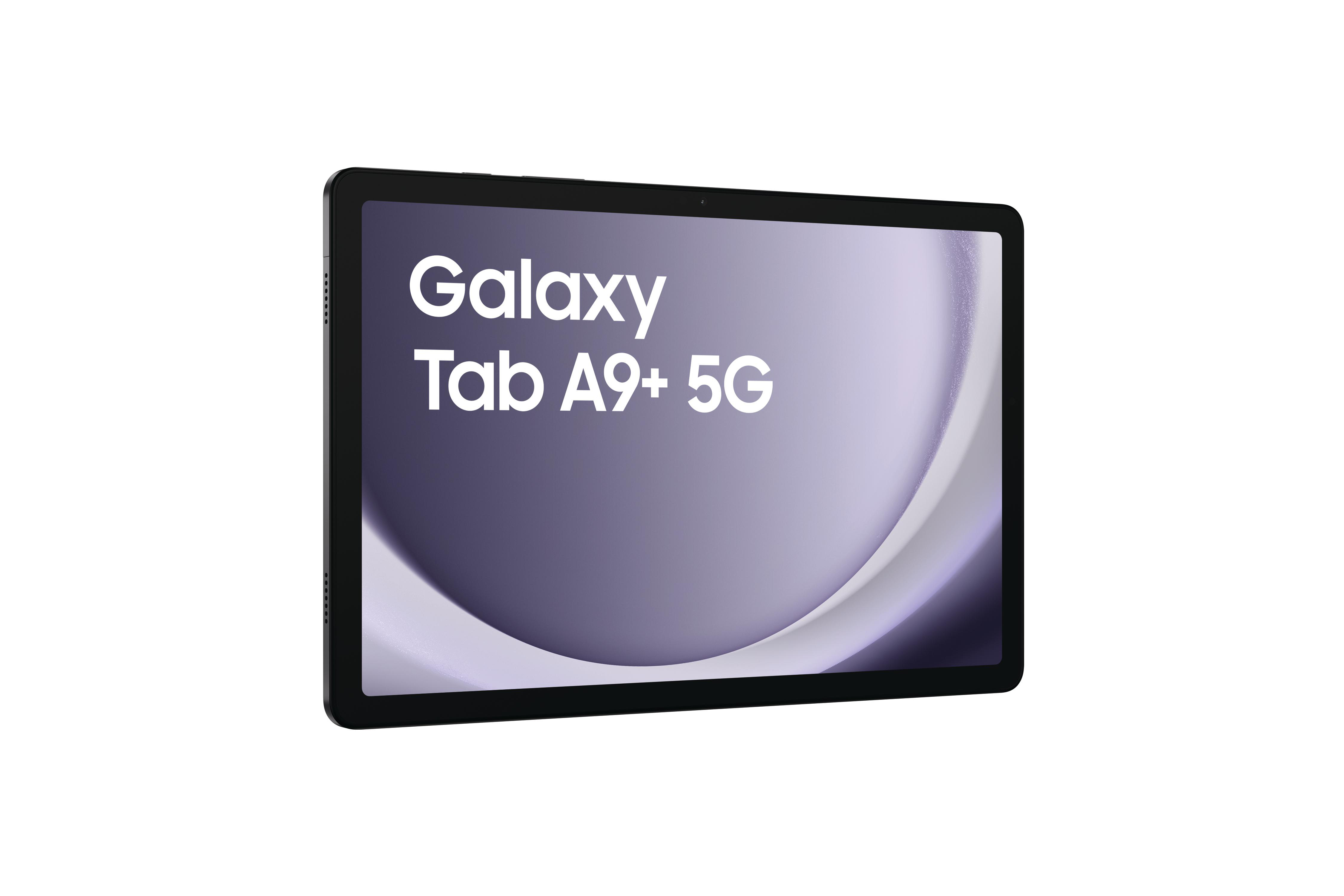 Ein Galaxy Tab A9+ 5G Tablet vor weißem Hintergrund. Der Bildschirm zeigt weißen Text auf lila Hintergrund.