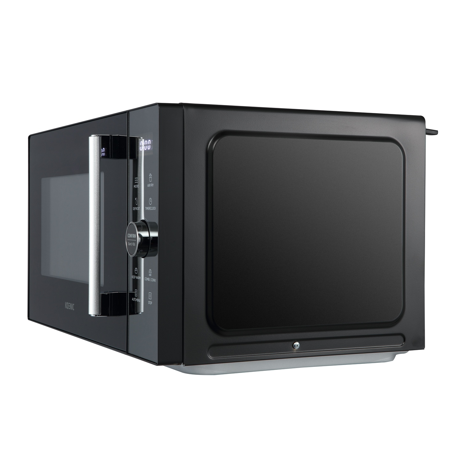 A black microwave oven with a silver handle and control panel. The door is closed. The background is white.
