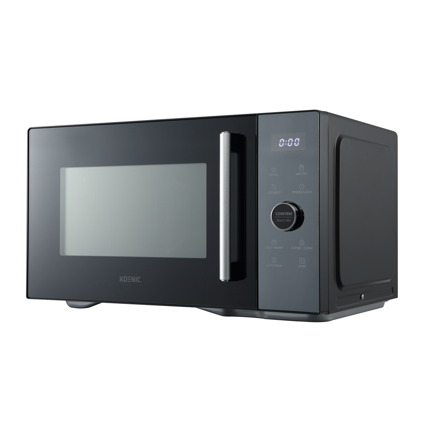 A black Koenic microwave oven with a glass door and control panel. Displays 0:00. Features include defrost, air fry, and timer.