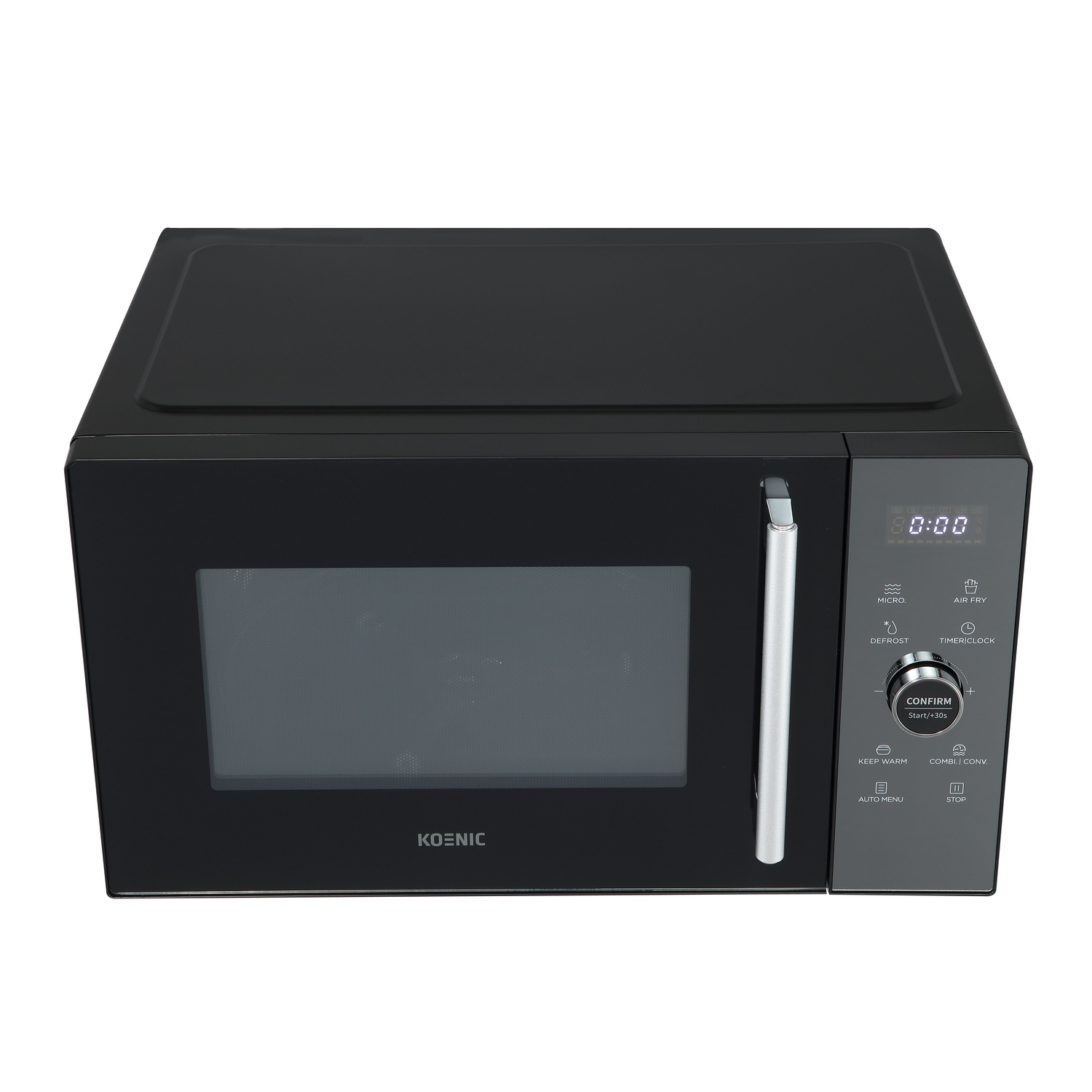 A black Koenic microwave oven. It has a digital display and various function buttons. A silver handle is on the right.