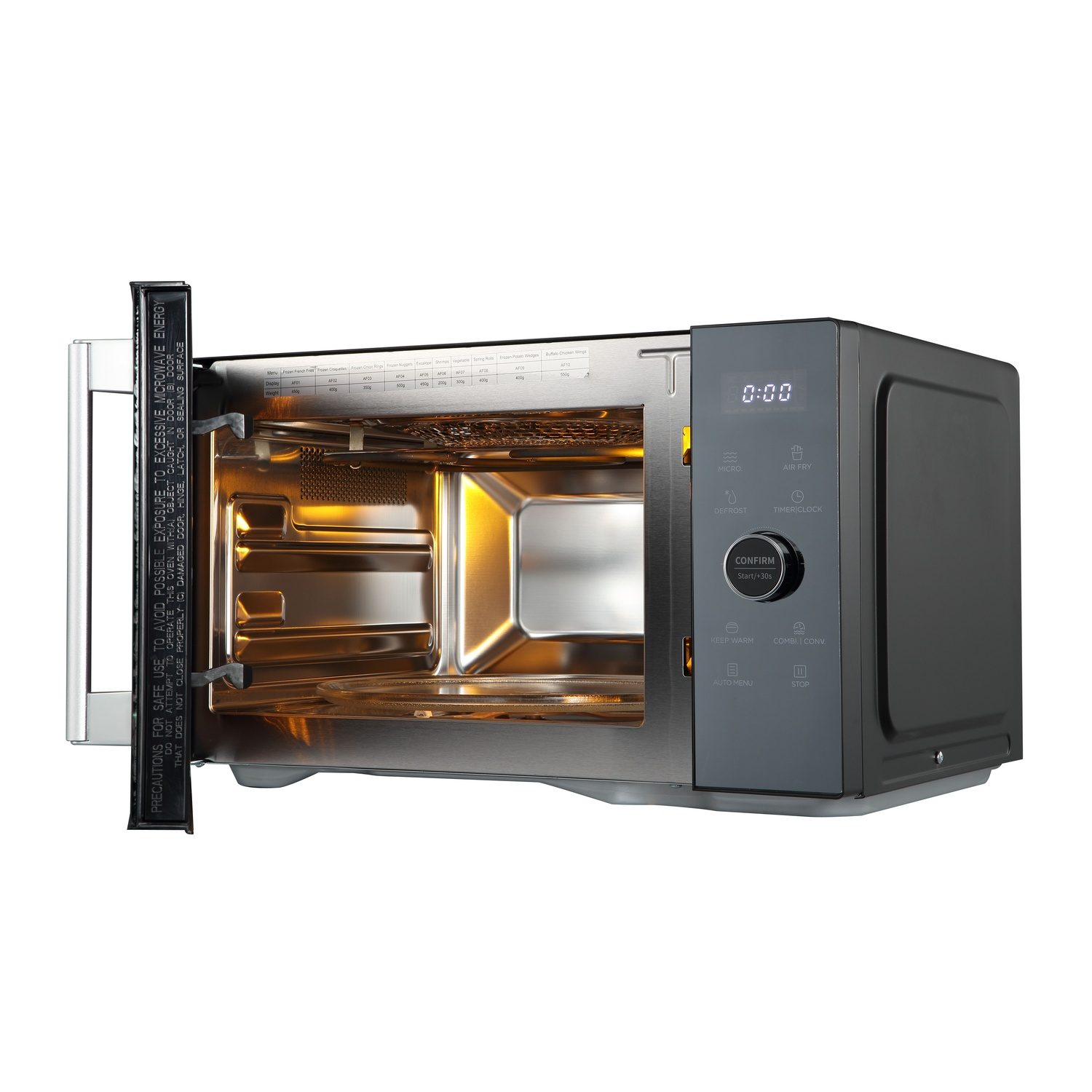 A microwave oven with the door open, revealing its interior. The control panel is on the right, displaying 0:00.