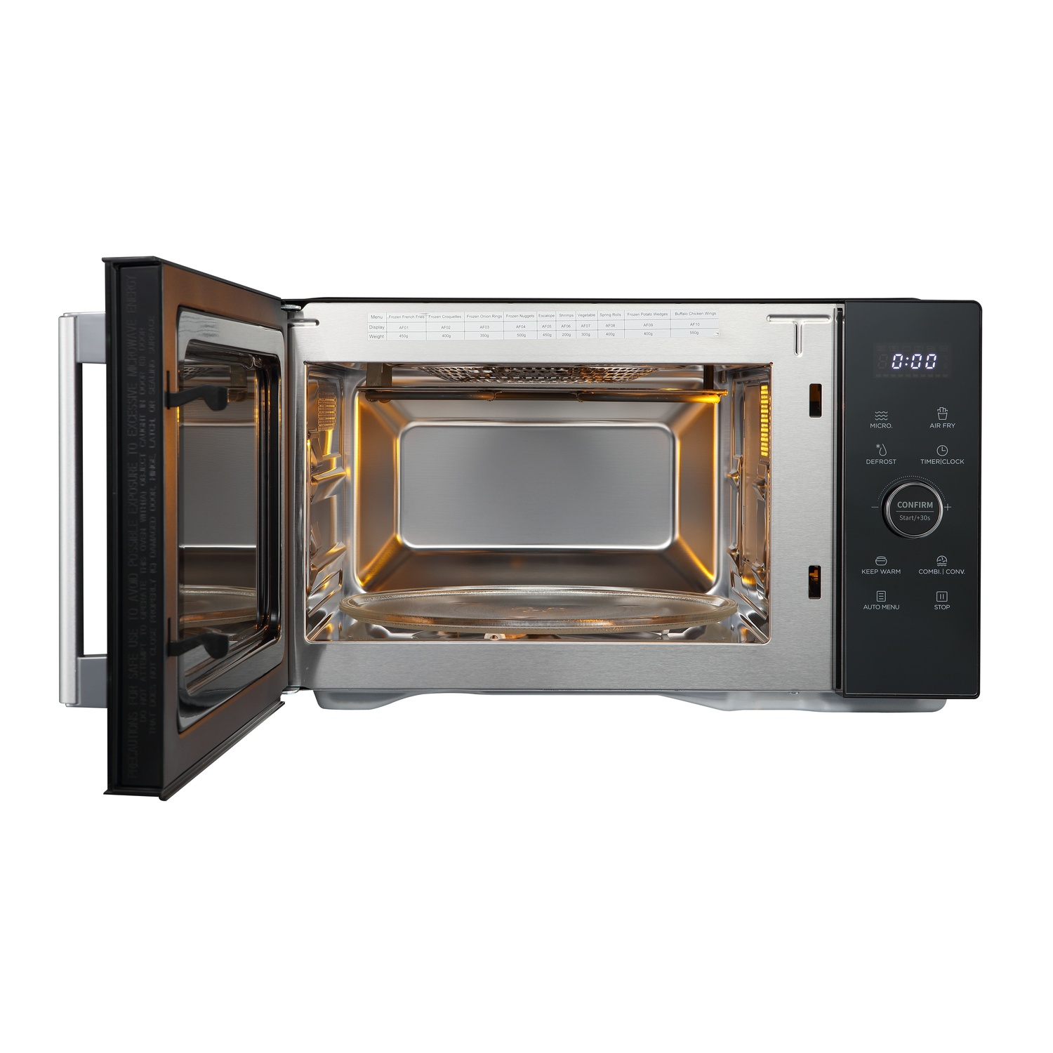 An open microwave oven. The door is open, revealing the interior with a glass plate. A control panel is on the right.