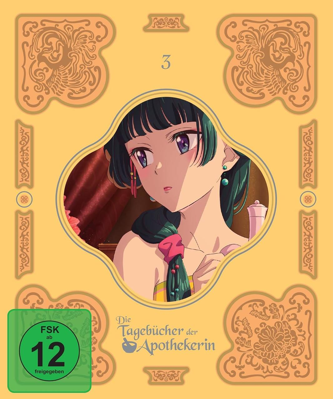 Anime-Mädchen mit dunklen Haaren und lila Augen auf gelbem Hintergrund. Auf dem Cover steht "Die Tagebücher der Apothekerin".