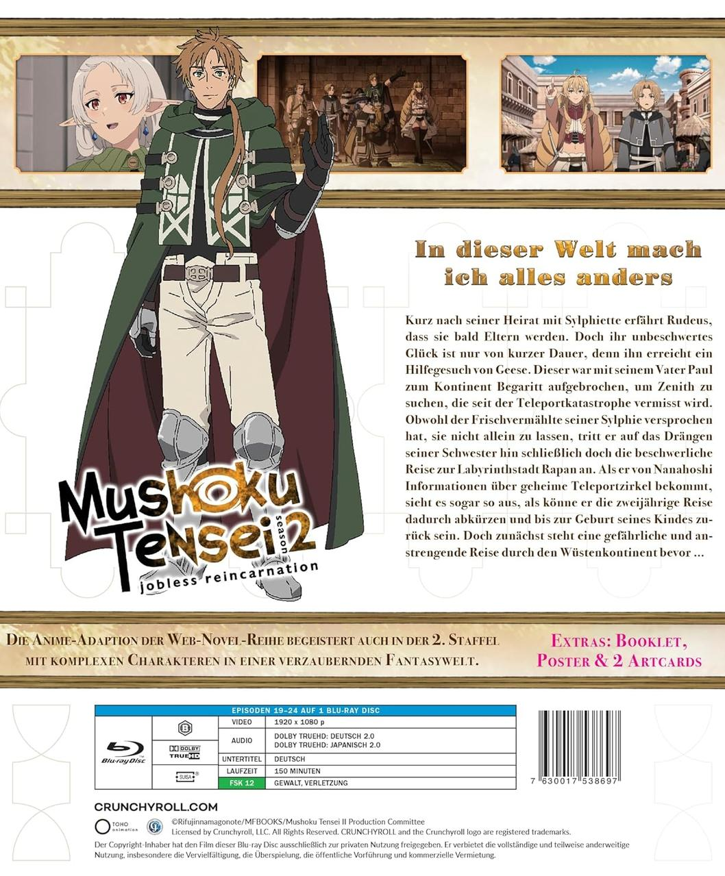 Anime-Cover mit einem Mann in Grün, Text 'Mushoku Tensei' und Charakteren. Hintergrund zeigt eine Wüstenlandschaft.