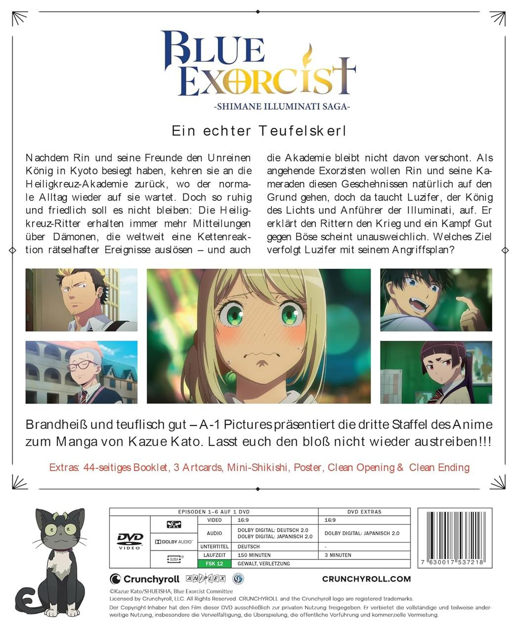 DVD-Hülle für den Anime Blue Exorcist. Text- und Charakterillustrationen sind zu sehen. Enthält Crunchyroll- und Aniplex-Logos.