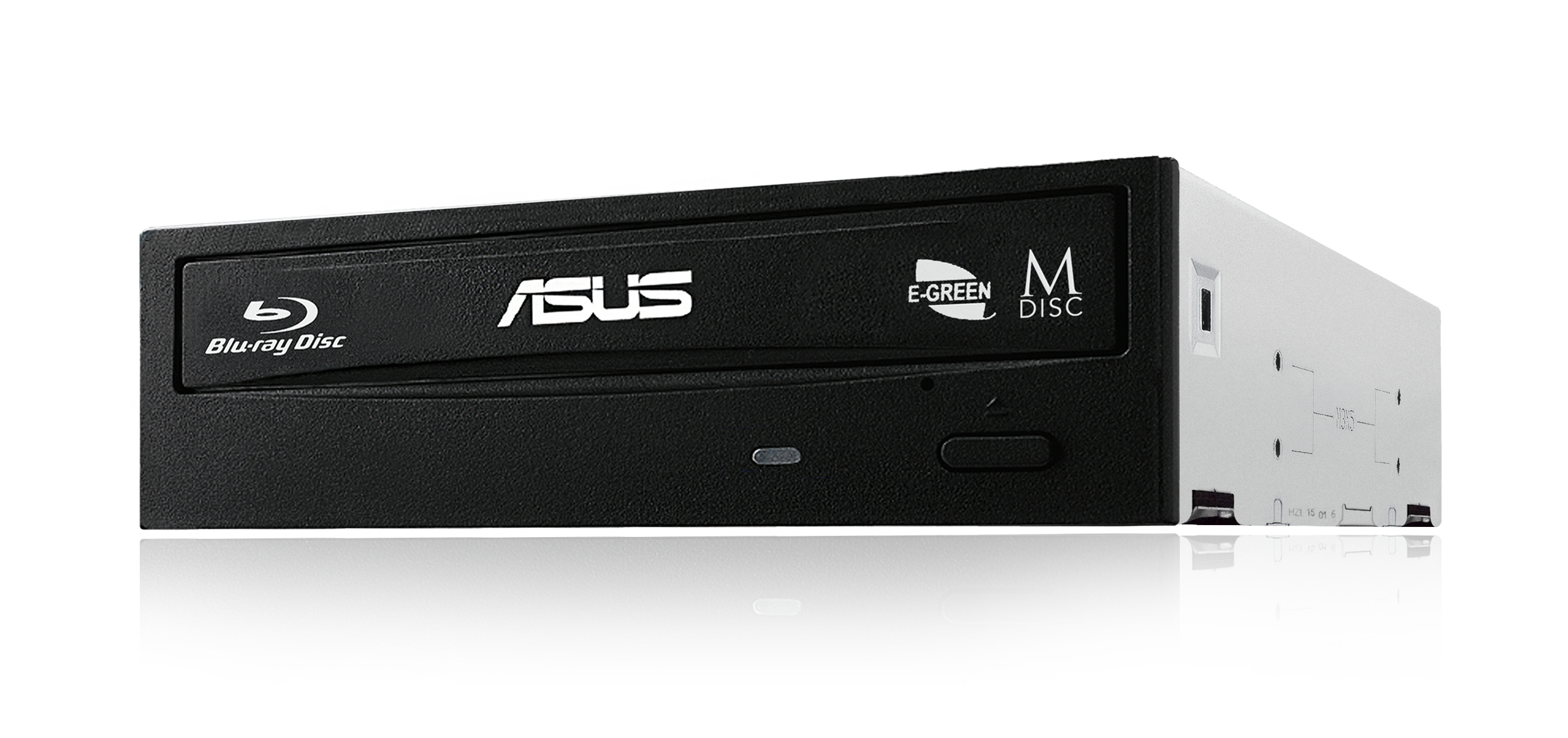 Ein schwarzes und silbernes ASUS Blu-ray Disc-Laufwerk. Die Vorderseite hat das ASUS-Logo, das Blu-ray Disc-Logo und E-GREEN M DISC.