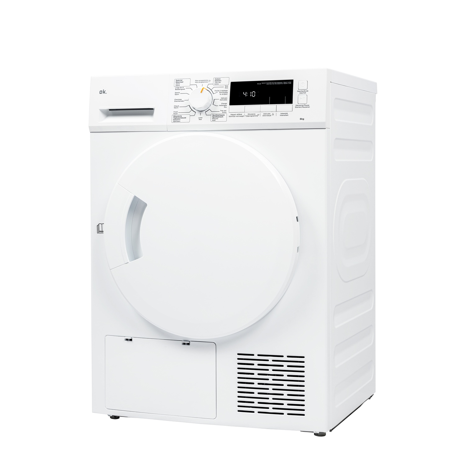 Un sèche-linge blanc avec un panneau de commande affichant 4:10. Il a une porte ronde et un petit écran. La marque est 'ok'.