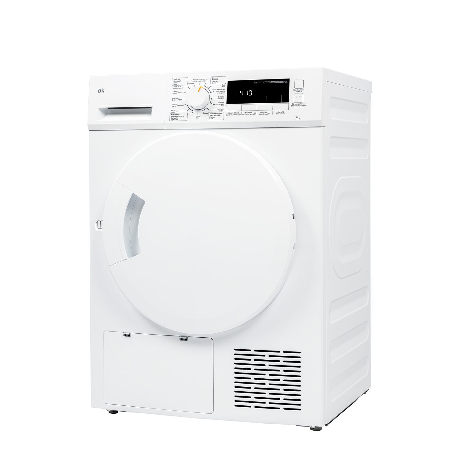 A white dryer with a digital display showing 4:10. It has various program settings and the brand 'ok' is visible.