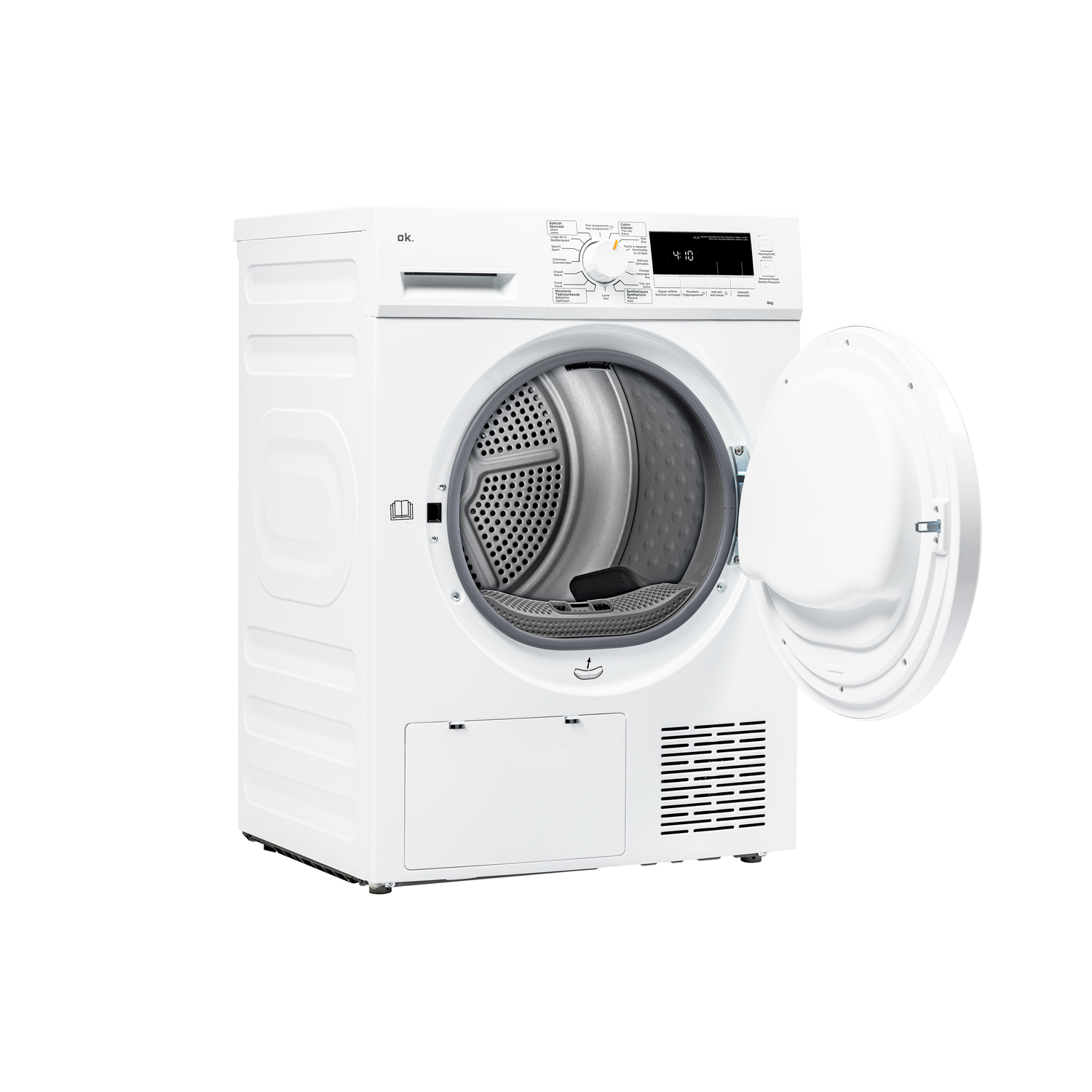 White washing machine with open door. It has a digital display showing 4:10. The drum is visible.
