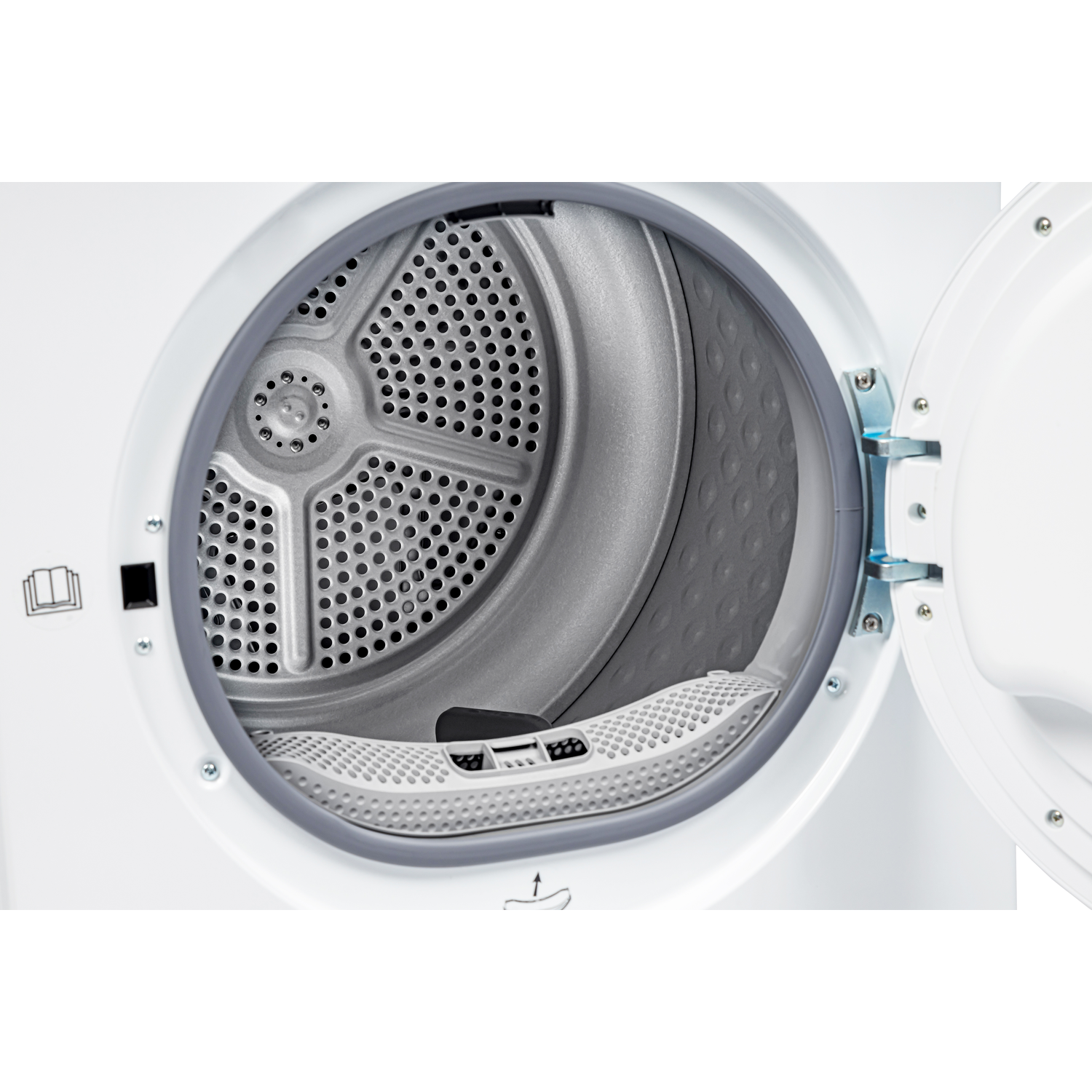 Close-up of a washing machine's open drum. The inside is gray and perforated. A white door is open, with a grey rim.