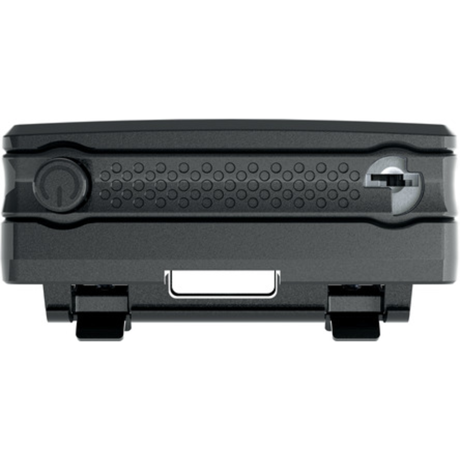 A black device with a power button, keyhole, and two latches. The top has a patterned surface with small circles.