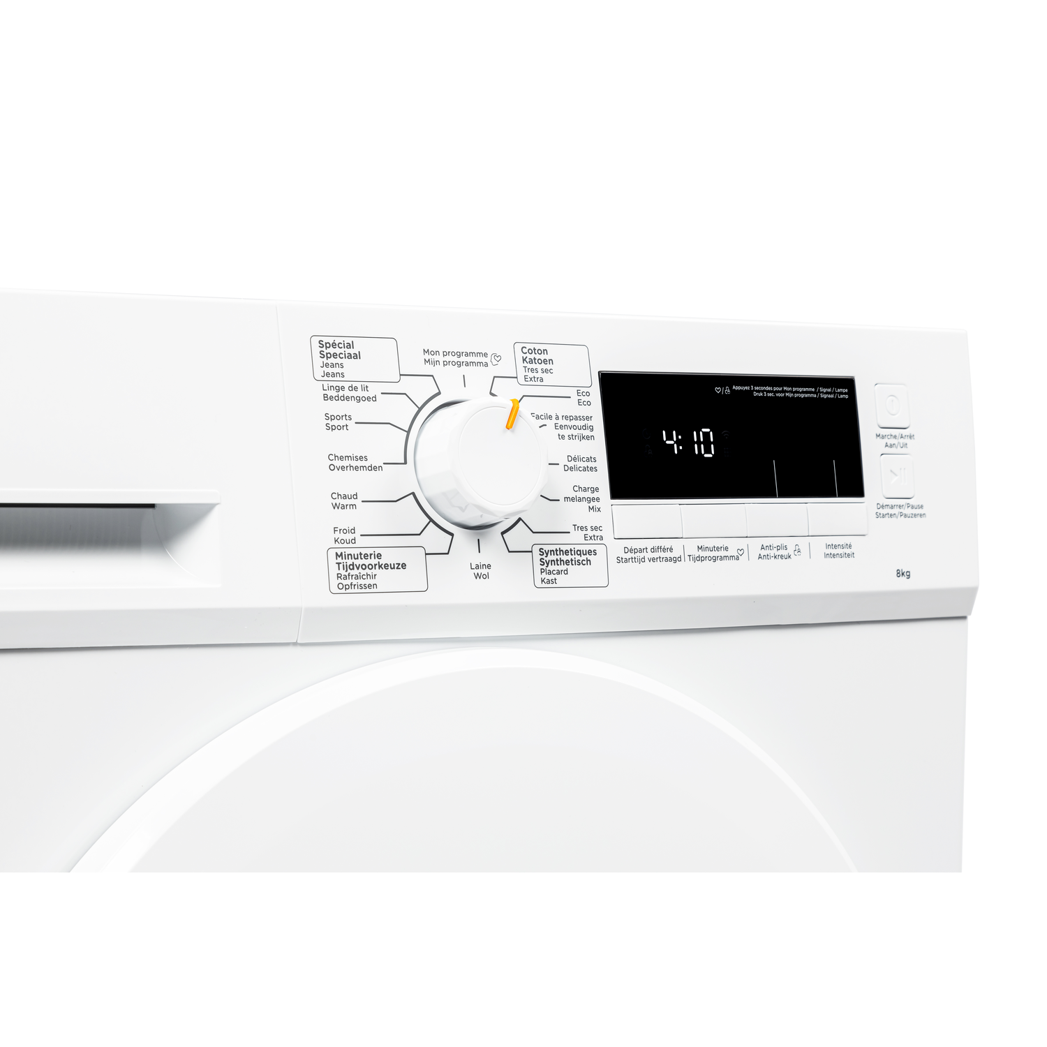 A white washing machine control panel. It has a dial, a digital display showing 4:10, and various buttons and text labels.