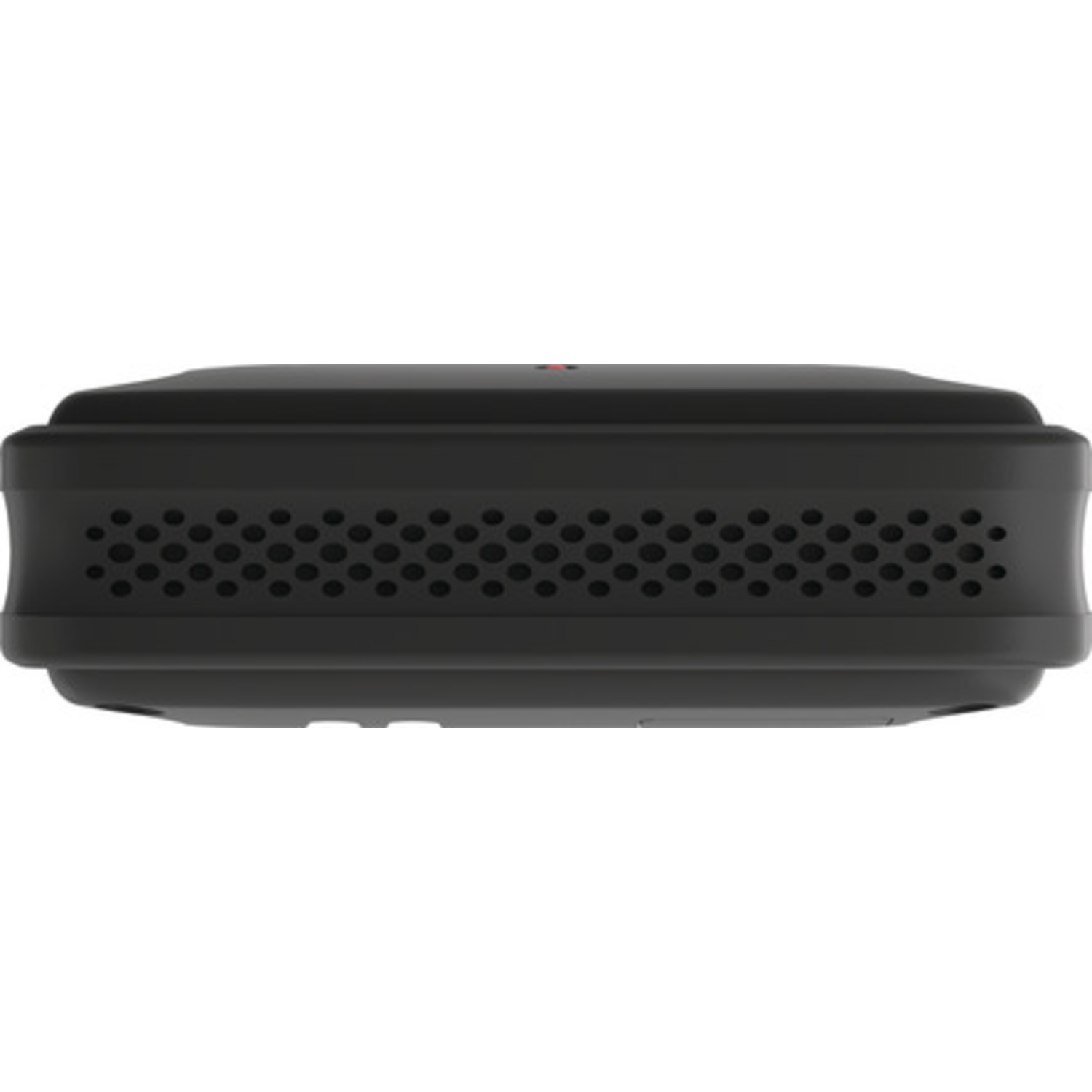 A black electronic device with a perforated side and a red light on top, set against a white background.