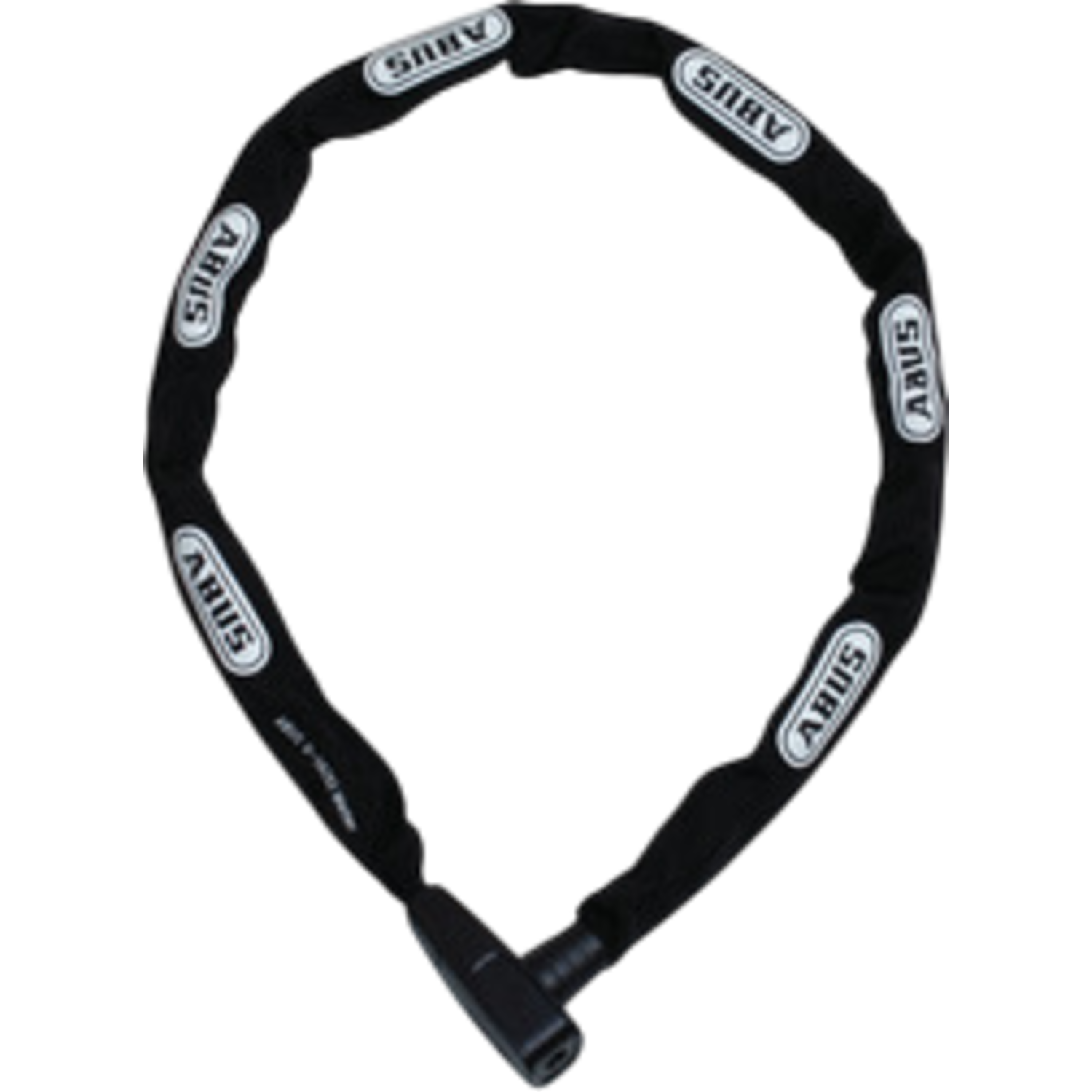Cadenas de chaîne ABUS noir sur fond noir. La chaîne est en boucle. Les logos ABUS sont visibles sur les maillons de la chaîne.