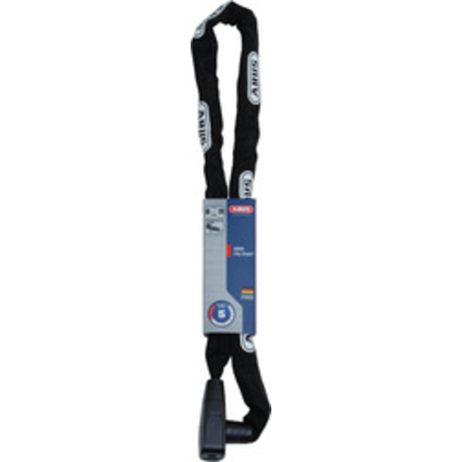 Un antivol de vélo à chaîne noire avec une étiquette bleue et grise. L'antivol est suspendu verticalement sur un fond blanc. La marque est visible.
