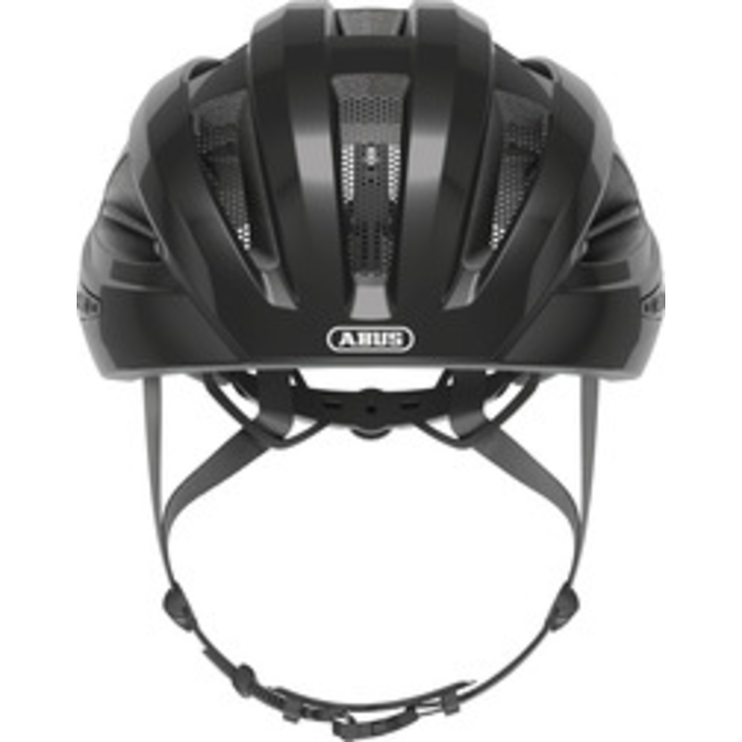 A black bicycle helmet with the ABUS logo. The helmet has ventilation holes and straps for secure fitting.