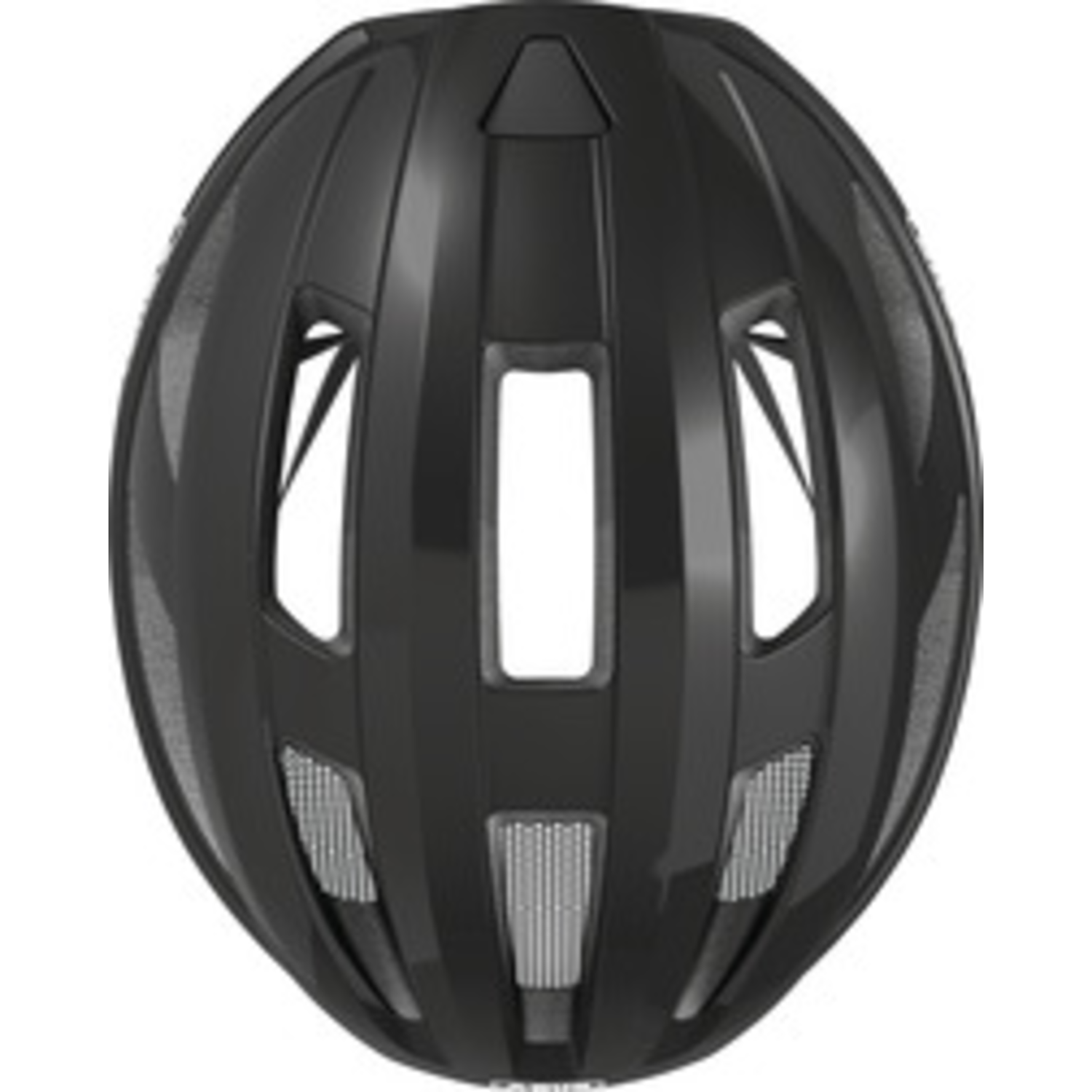 A black bicycle helmet, top view, with vents and structural ridges. The helmet is oval shaped.