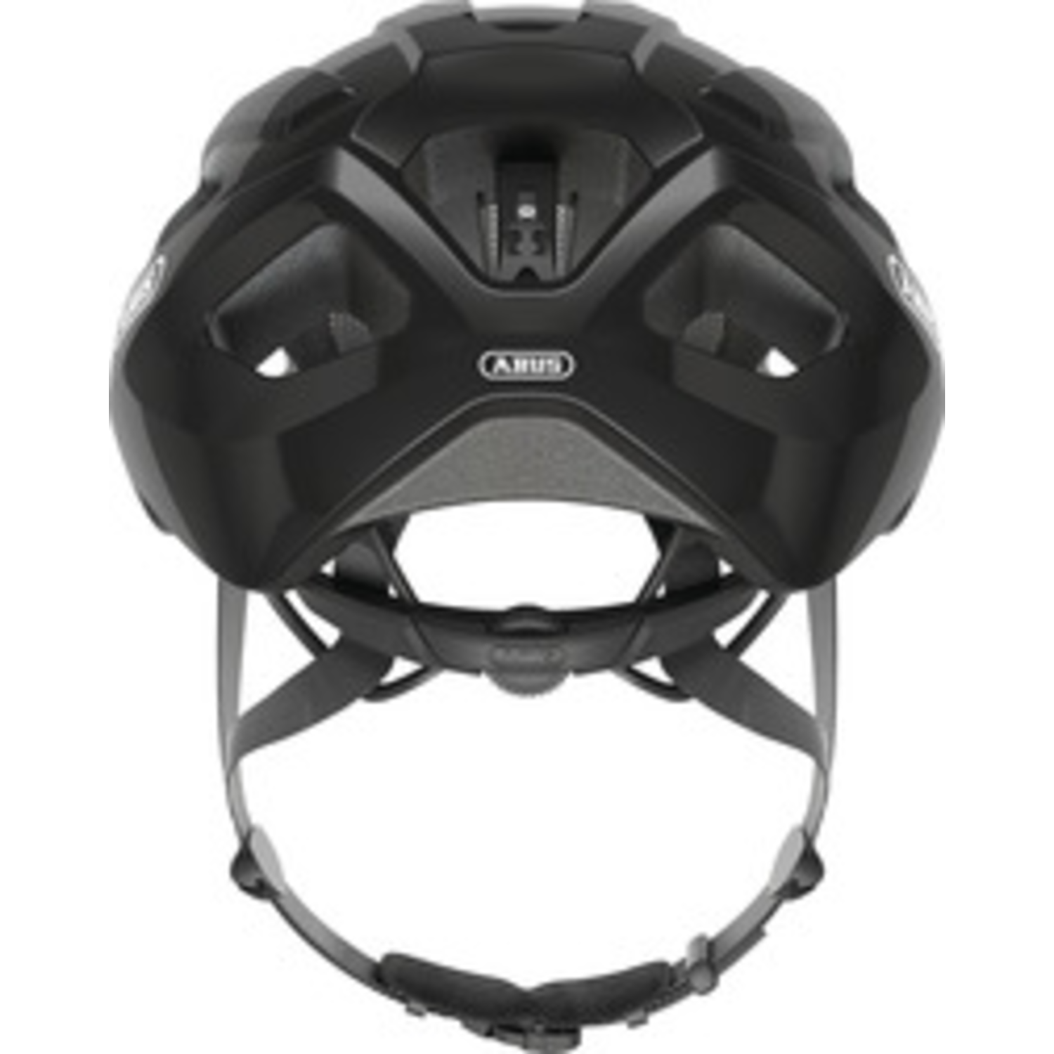 A black cycling helmet with the brand ABUS is shown from the rear. It has straps and a black buckle. The helmet is on a white background.