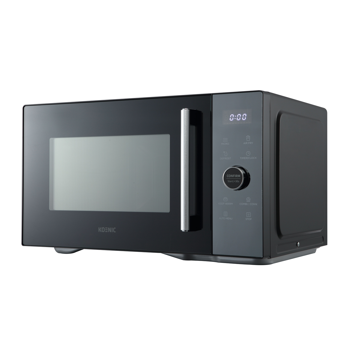 Een zwarte Koenic magnetron. Het heeft een digitaal display met 0:00 en bedieningsknoppen. De handgreep is metaal.