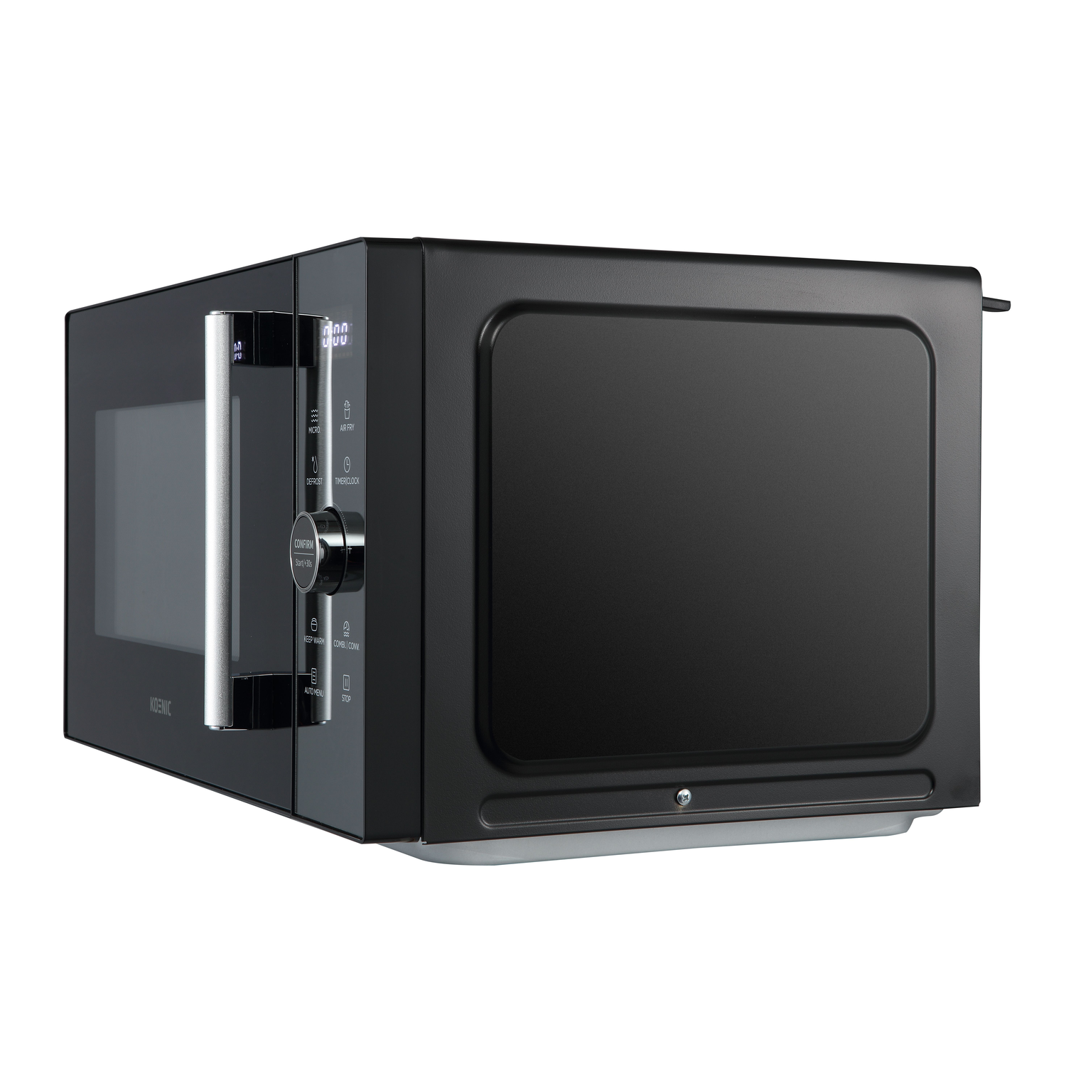 Een zwarte magnetron met een handvat en bedieningspaneel. De oven staat op een wit oppervlak en heeft een digitaal display.