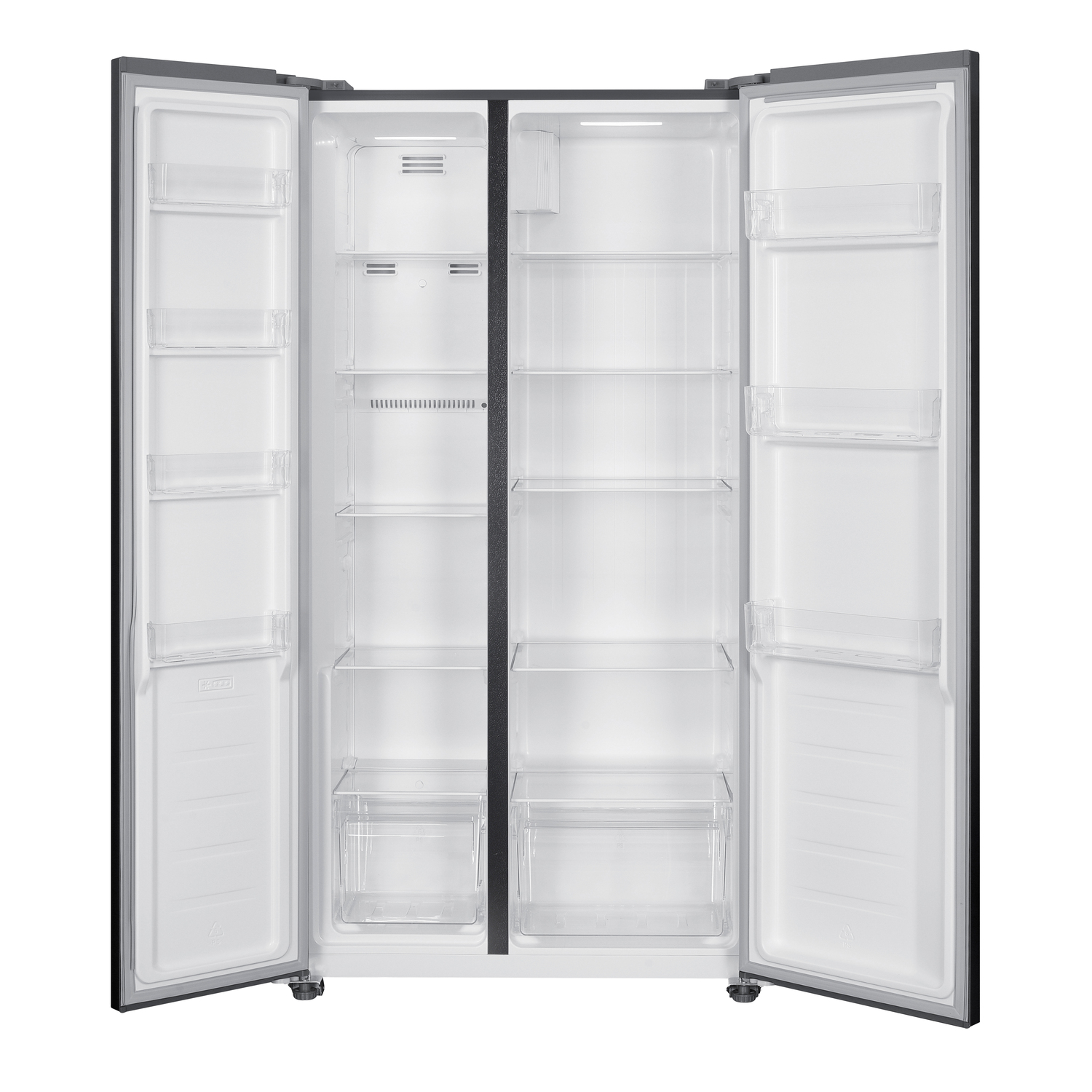 An open, empty refrigerator. Both doors are ajar, revealing shelves, drawers, and clear plastic bins. The interior is white, with a dark gray exterior.