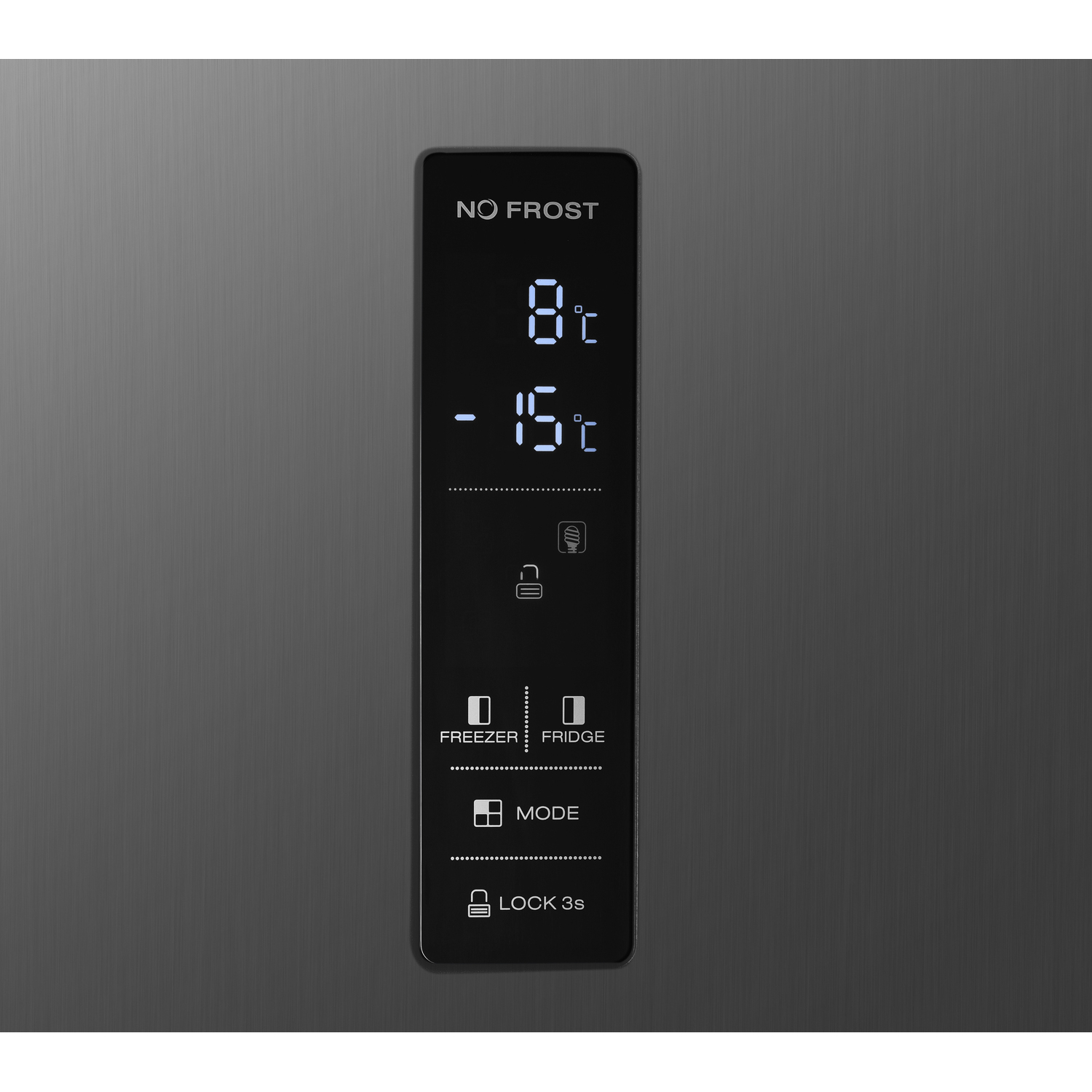 Black fridge display showing 8°C and -15°C. Controls include freezer, fridge, mode, and lock. The display has a 'no frost' label.