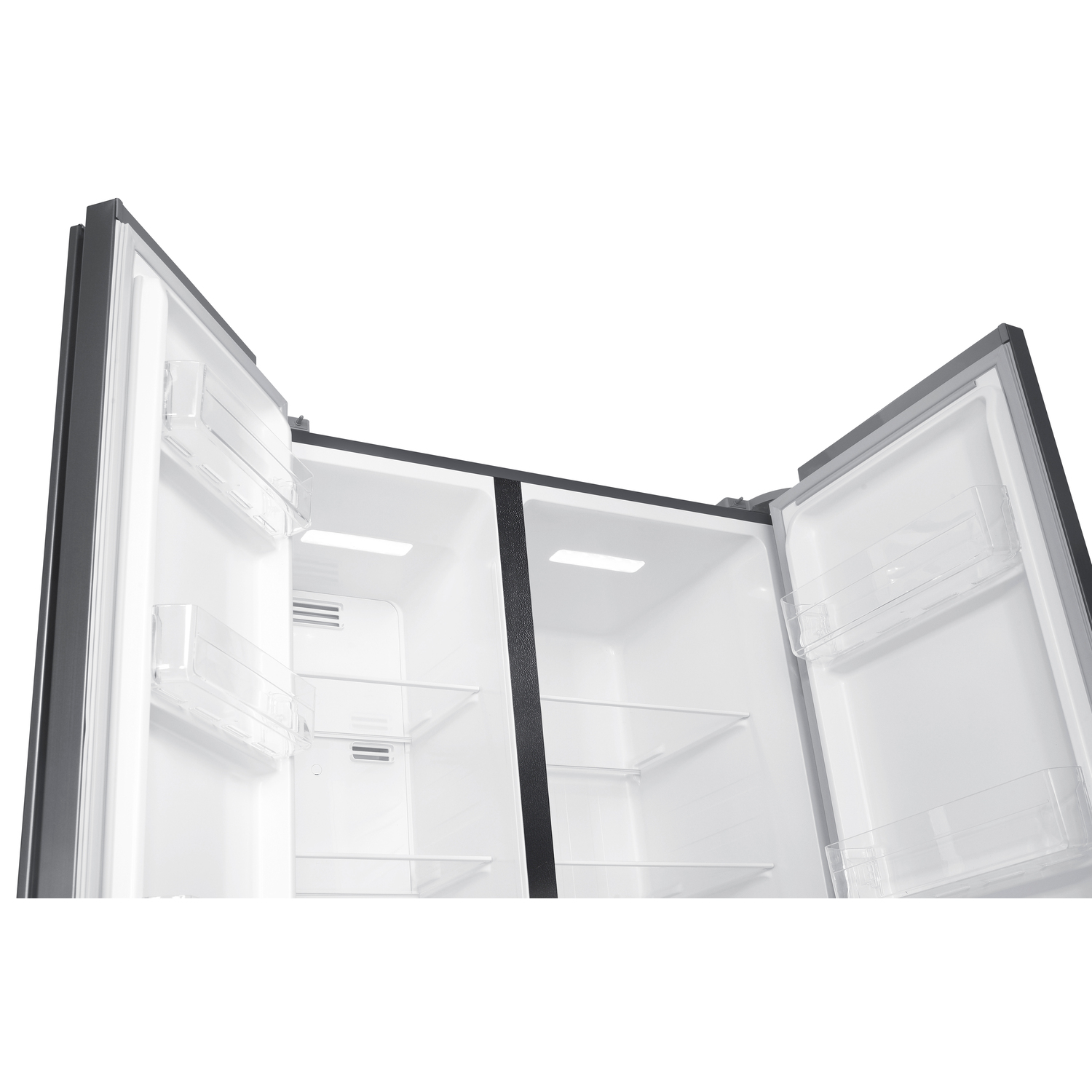 An open, empty refrigerator with both doors open. Interior is white with clear shelves and door compartments. Dark gray exterior.